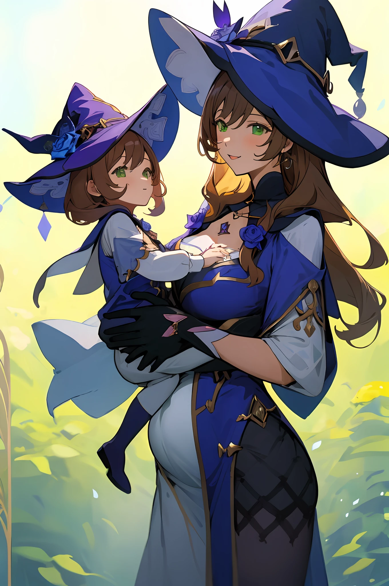 anime image of two women dressed witch posing for a picture like witch clothing in library, witch hat, green eyes, brown hair, purple rose, hat flower, multicolored dress, a girl in witch field, anime fantasy illustration, from the azur lane videogame, genshin, witch dress detailed art, two beautiful anime girls, mother and child, symbol of maternal love, happy, mother and child, such as photos of mother and child