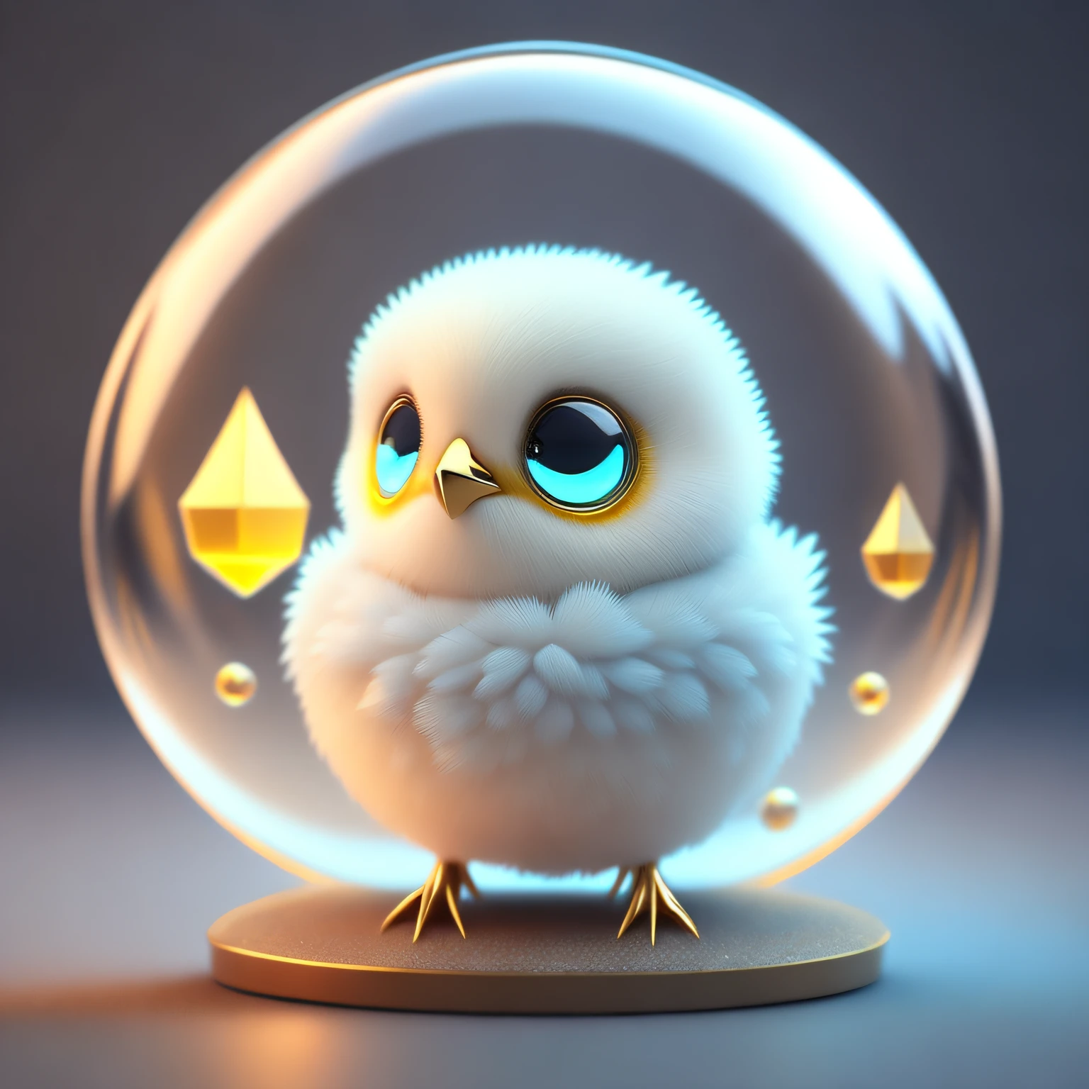 "A cute chick made of a crystal ball with highly detailed, low-poly eyes, showcasing conceptual art trends with ArtStation 8K quality."