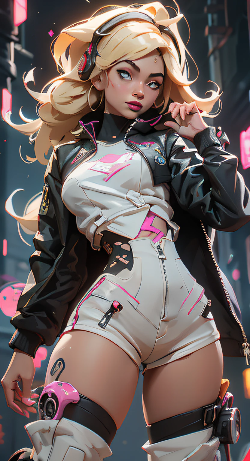 blond haired woman in a black leather jacket and white shorts, ross tran 8 k, digital cyberpunk anime art, wojtek fus, female cyberpunk anime girl, artwork in the style of guweiz, cyberpunk anime girl, ross tran style, trending on cgstation, by Russell Dongjun Lu, 3 d render character art 8 k, cyberpunk 2 0 y. o model girl