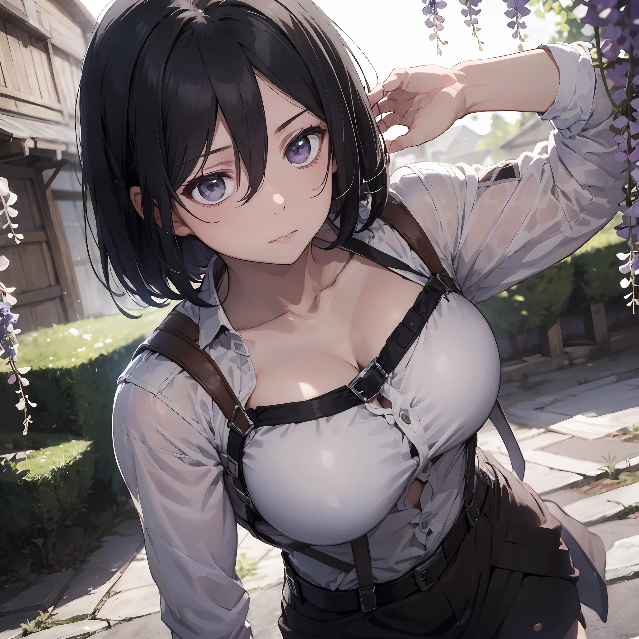 masterpiece, seductive face, good lighting, décolleté, huge breasts, small details, masterpiece, glowing eyes, 1girl, short black hair , Mikasa Ackerman , wisteria background, masterpiece, best quality, POV, whole body, wide hips,