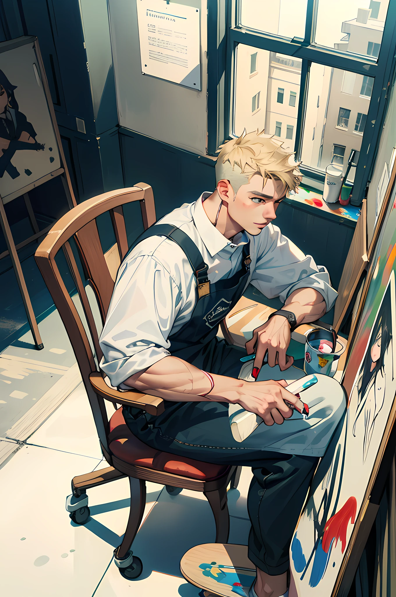 Masterpiece, of the best quality, 1 male, adult, tall muscular, handsome, sunny studio, romantic painter, apron, clothes open, color palette, paint on face, paint, skateboard, window, sitting on a chair, from the side | from above