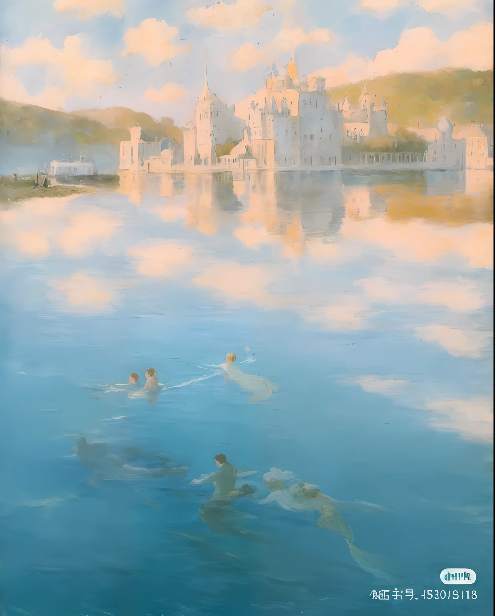 painting of a group of people swimming in a lake with a castle in the background, in the style of hans thoma, mermaids in distance, painting of a dreamscape, hans dahl, inspired by Philip Wilson Steer, inspired by Paul Émile Chabas, inspired by Lawrence Alma-Tadema, inspired by Daniel Merriam, by Robert Reid, hans thoma