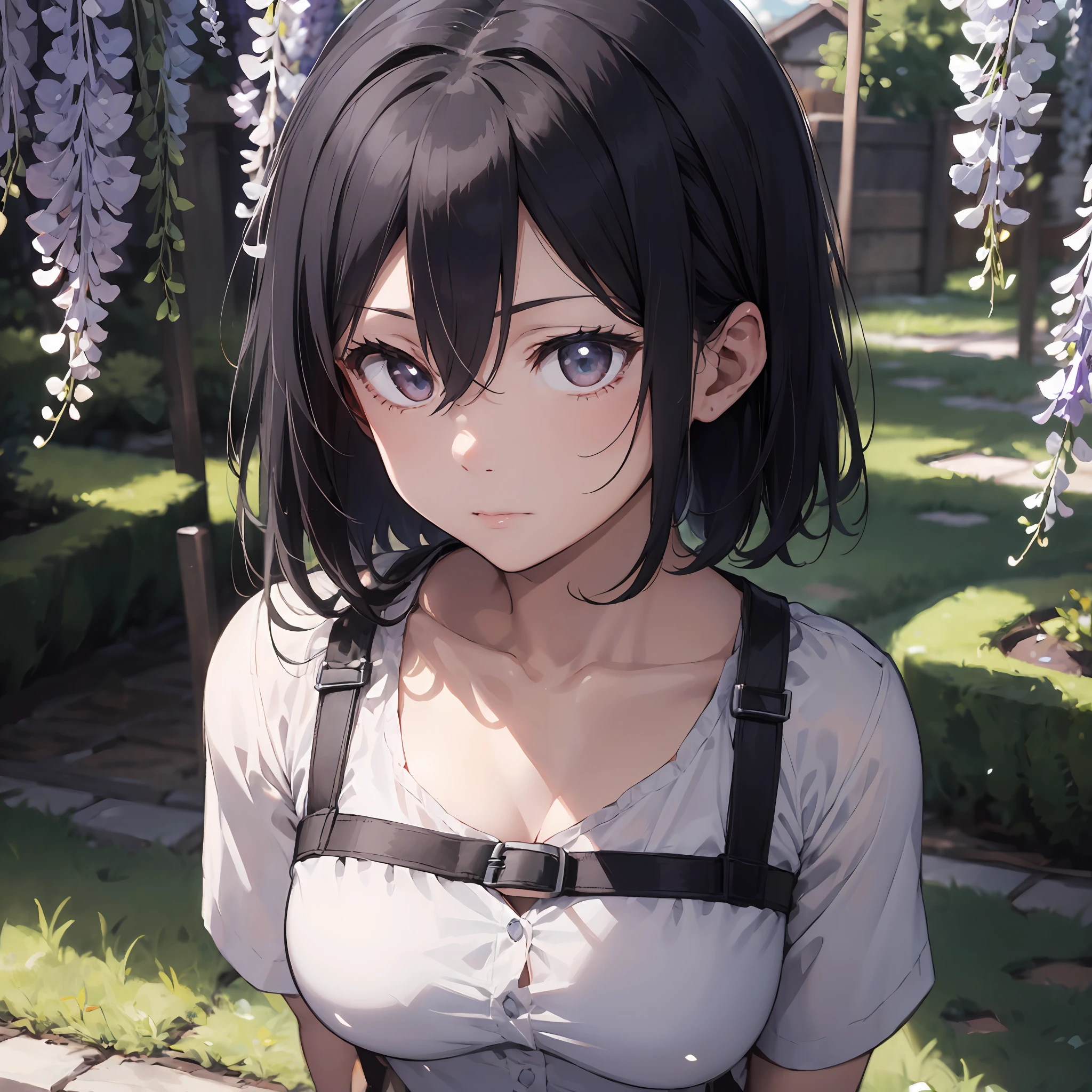 masterpiece, seductive face, good lighting, décolleté, huge breasts, small details, masterpiece, glowing eyes, 1girl, short black hair , Mikasa Ackerman , wisteria background, masterpiece, best quality, POV, whole body, wide hips,