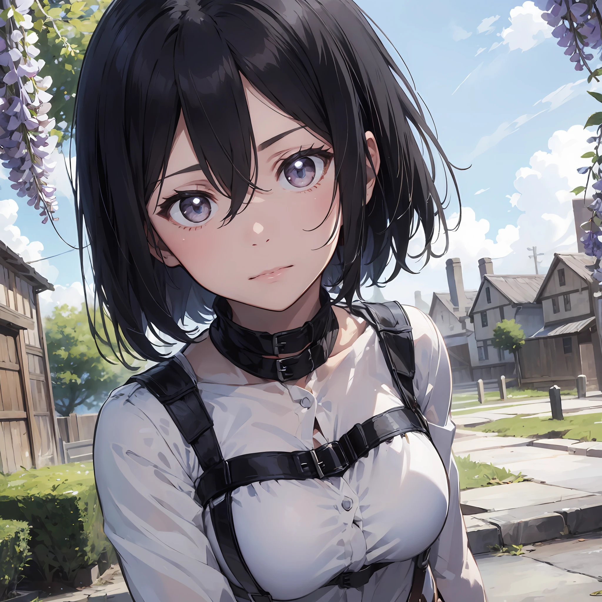 masterpiece, seductive face, good lighting, décolleté, huge breasts, small details, masterpiece, glowing eyes, 1girl, short black hair , Mikasa Ackerman , wisteria background, masterpiece, best quality, POV, whole body, wide hips,