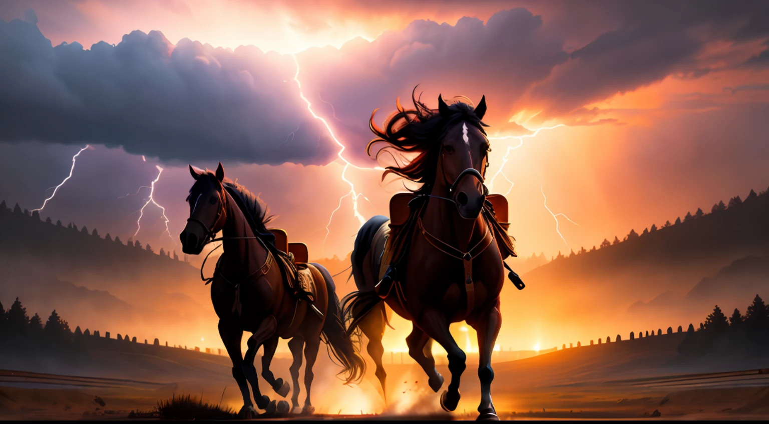 (Digital Painting), (Best Quality), Thunder, Lightning, Ancient Battlefield, Sunset, War Horse, Spear, Golden Iron Horse, Tense Atmosphere, 8k Hyperrealism, Soft Color Scheme, Soft Lighting, Golden Hour, Landscape