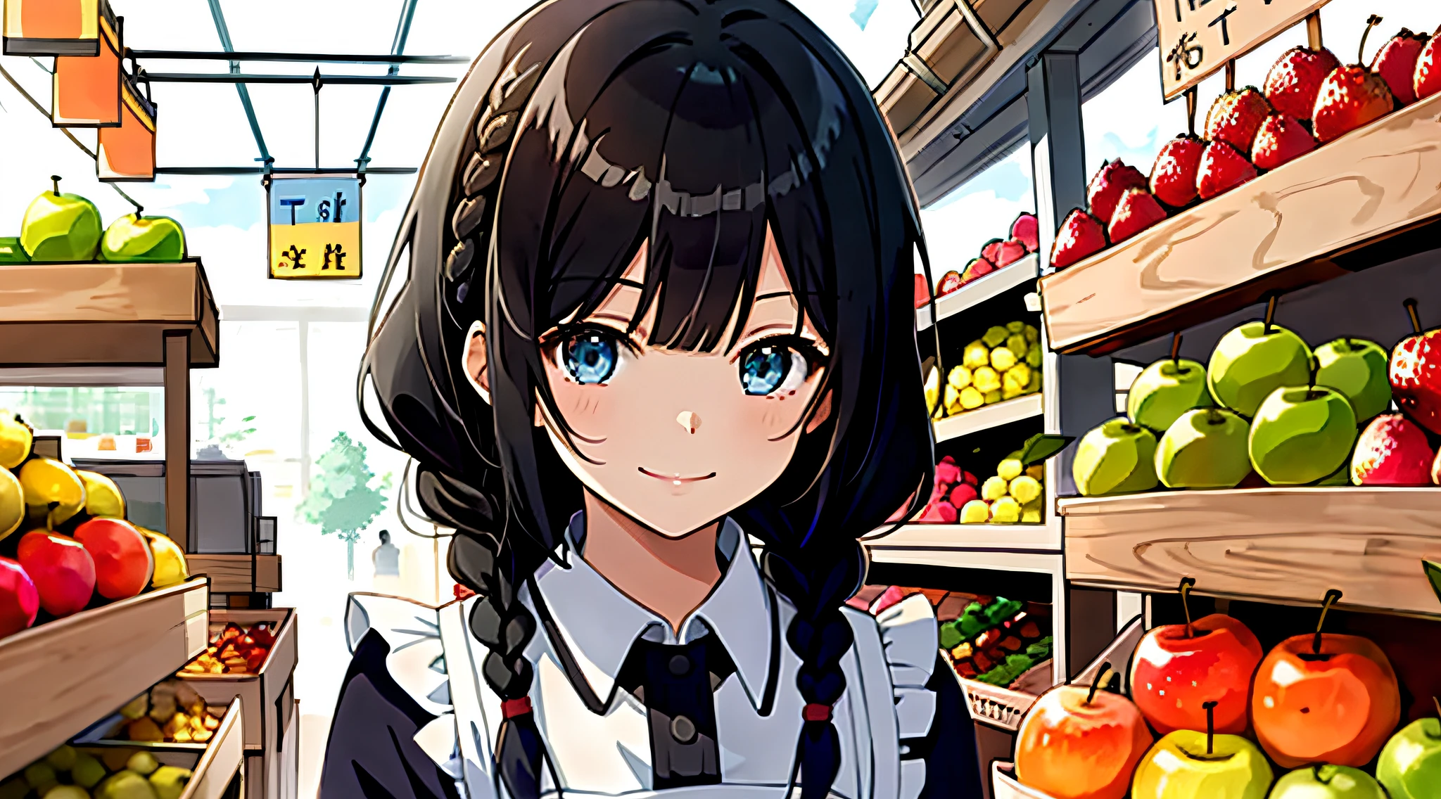 (masterpiece, best quality), Anime, Black hair, Blue Eyes, open hair braids, Bangs, cute face, teenager girl, black maid dres, front view, 1girl, small smile, Fantasy, simple colouring, in fruit stall