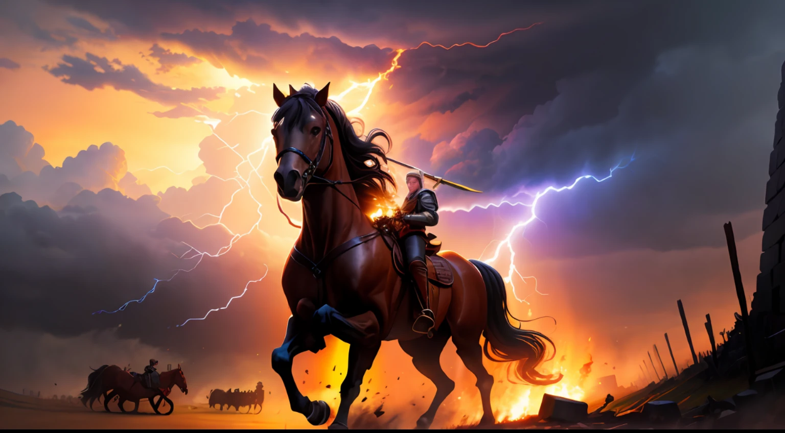 (Digital Painting), (Best Quality), Thunder, Lightning, Ancient Battlefield, Sunset, War Horse, Spear, Golden Iron Horse, Tense Atmosphere, 8k Hyperrealism, Soft Color Scheme, Soft Lighting, Golden Hour, Landscape