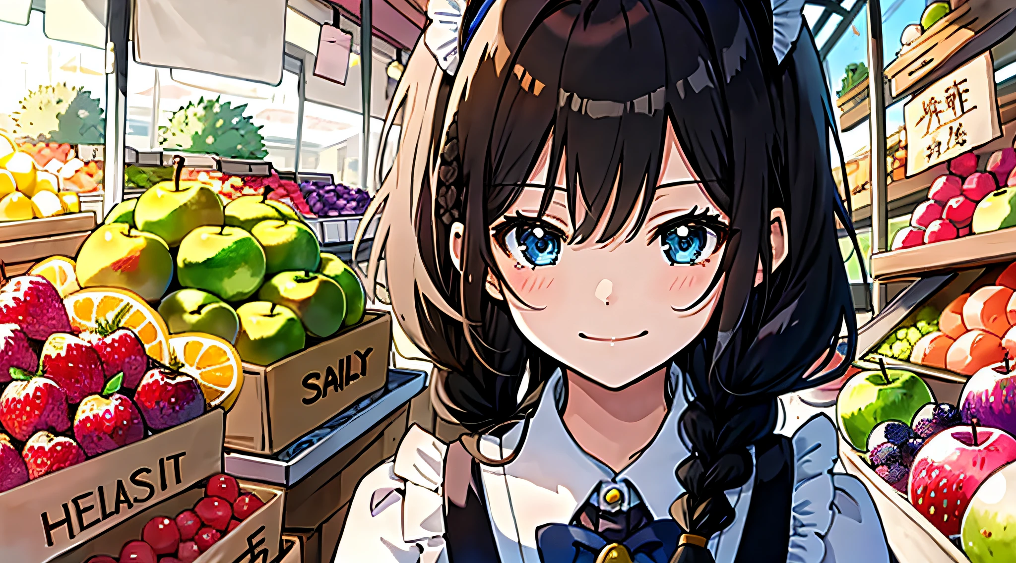 (masterpiece, best quality), Anime, Black hair, Blue Eyes, open hair braids, Bangs, cute face, teenager girl, black maid dres, front view, 1girl, small smile, Fantasy, simple colouring, in fruit stall