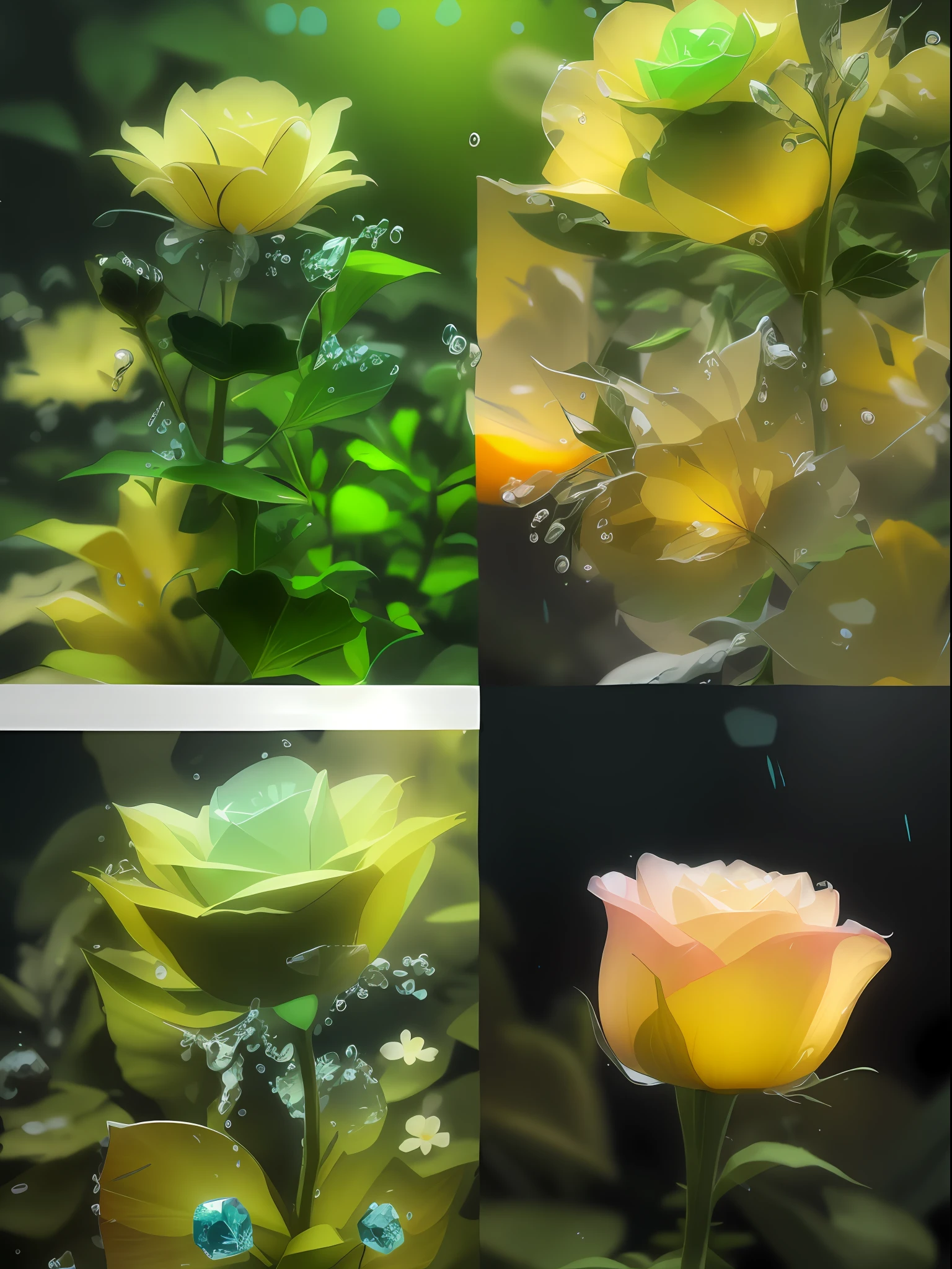 A beautiful flower, transparent petals, as deep as seawater, crystal clear + dewdrops, 8K, HD, ivy, flowers, tropical plants