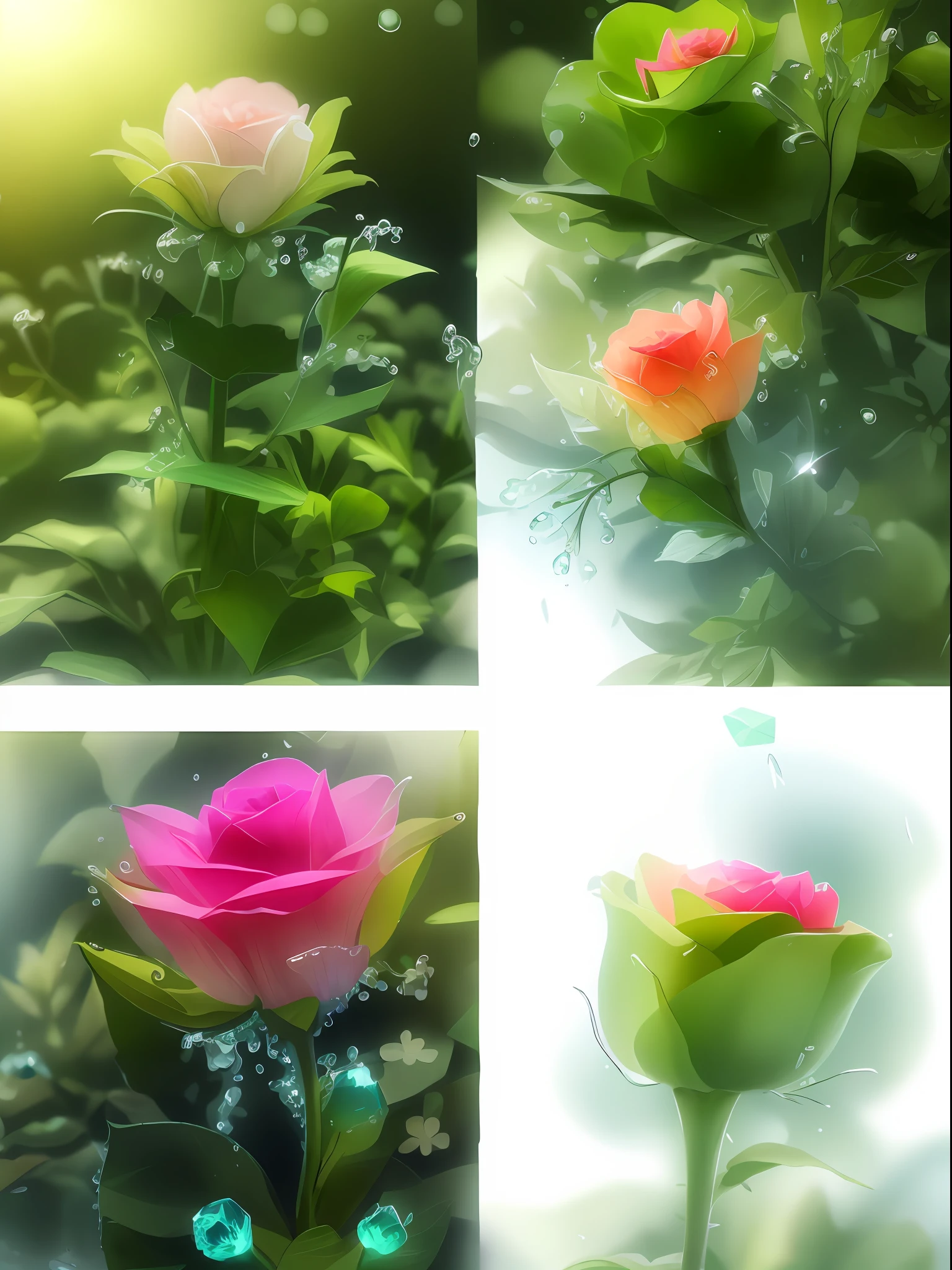 A beautiful flower, transparent petals, as deep as seawater, crystal clear + dewdrops, 8K, HD, ivy, flowers, tropical plants