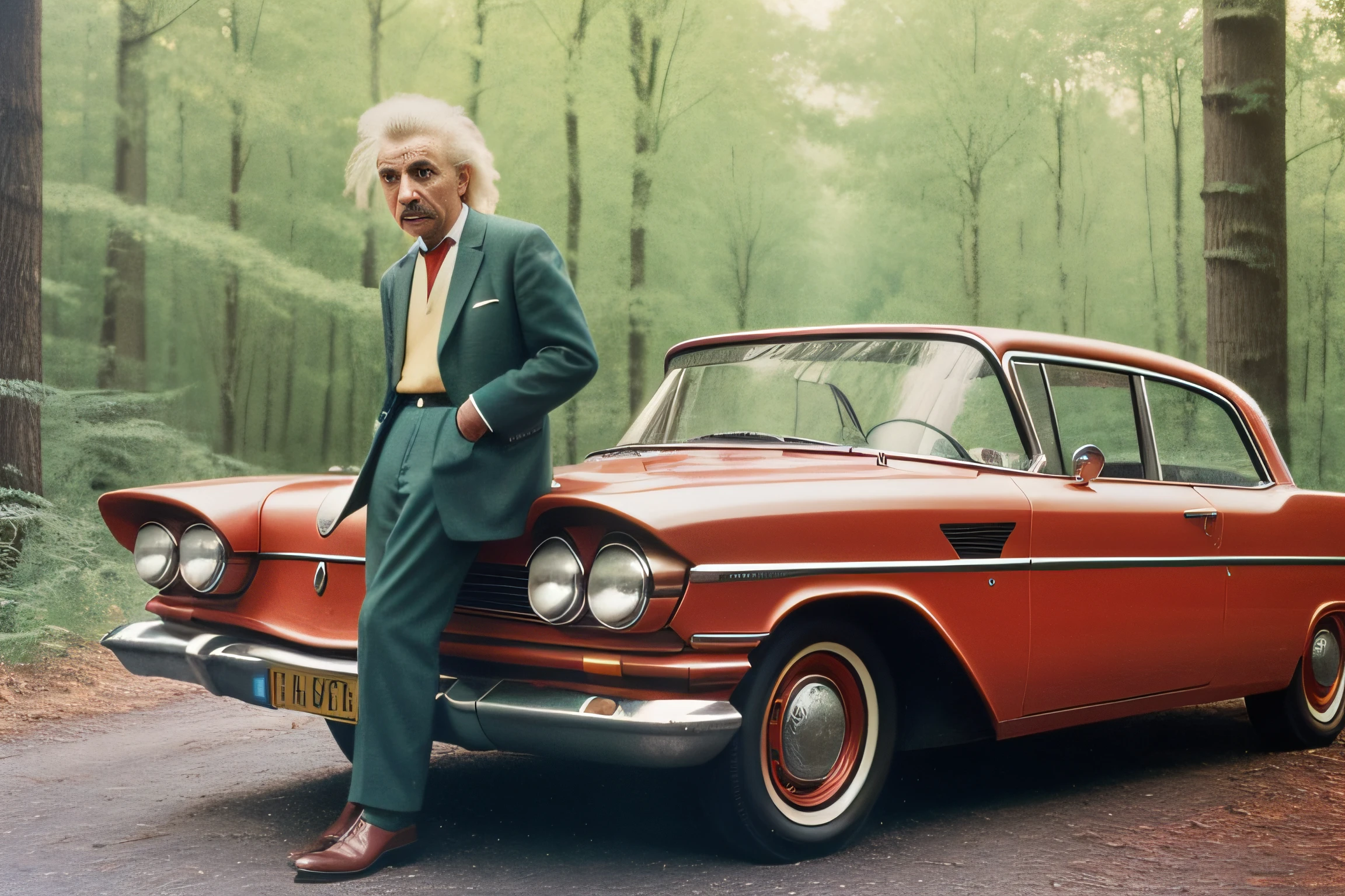 1960s street style photo of Einstein leaning on red color european (german, czech, france) car holding, on the forest road, retrofuturism, vintage, retro, photorealistic, loraoldtimes, super detailed, best qauality