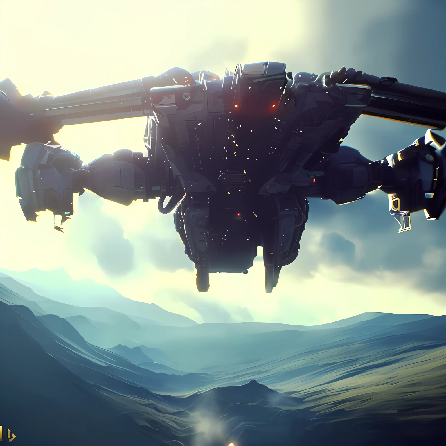there is a large robot that is flying over a mountain, star citizen digital art, super rendered in octane render, rendered in redshift, redshift render, star citizen concept art, flying scifi vehicle, cinematic scifi shot, octane render sci - fi, star citizen halo, 8 k high detail concept art, star citizen, redshift houdini