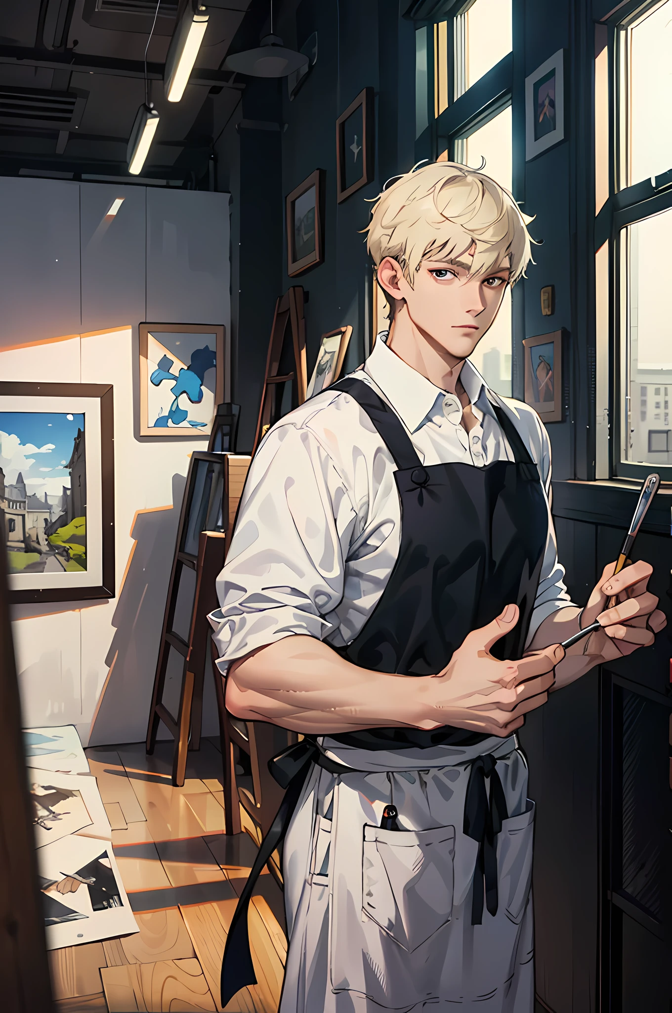 Masterpiece, best quality, 1 male, adult, tall muscles, pectoral muscles, handsome, delicate eyes, intricate details, young cartoonist, hand holding palette, various works of art in the studio, a beam of sunlight, floor-to-ceiling windows, aprons
