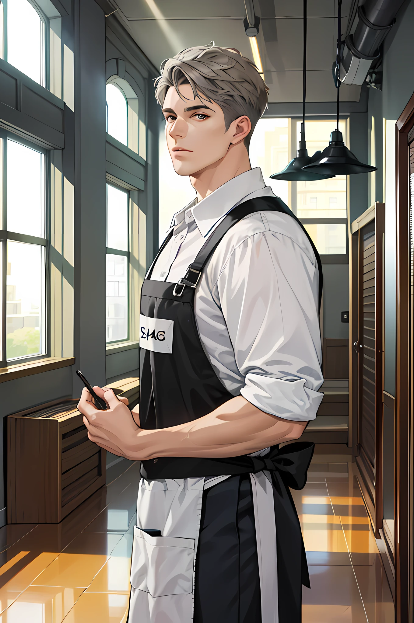 (ridiculous, high resolution, super detailed, realistic,), 1 male, soloist, adult, mature, tall muscular male, broad shoulders, handsome, extremely short hair, gray hair, brown eyes, angular chin, thick neck, thick eyebrows, intricate details, young cartoonist, hand holding palette, various artworks in the studio, a beam of sunlight coming in, floor-to-ceiling windows, apron