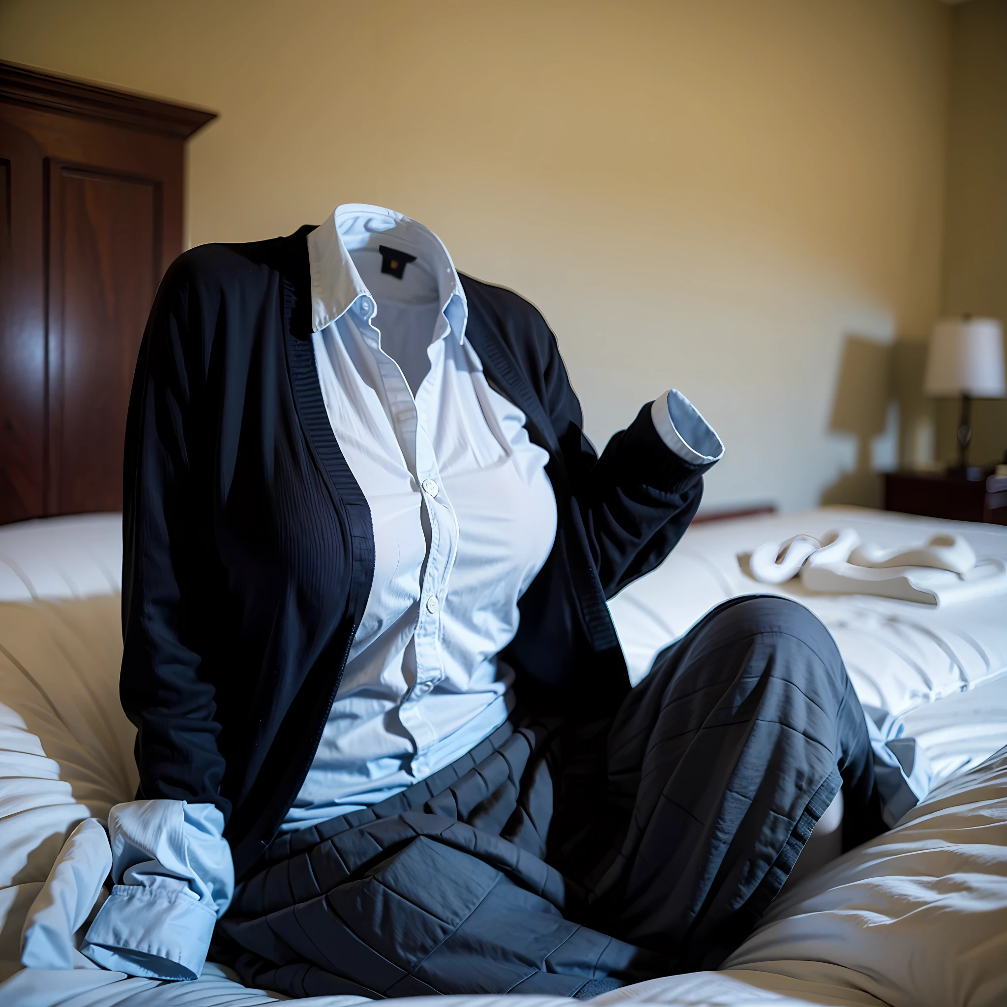 (insanely detailed), (16k), ((no humans)), ((invisible)), ((faceless)), ((headless)), ((empty clothes)), (huge breasts), girls' school uniforms on hangers swells as if possessed by busty invisible girls, huge breasts, (lying on the bed)