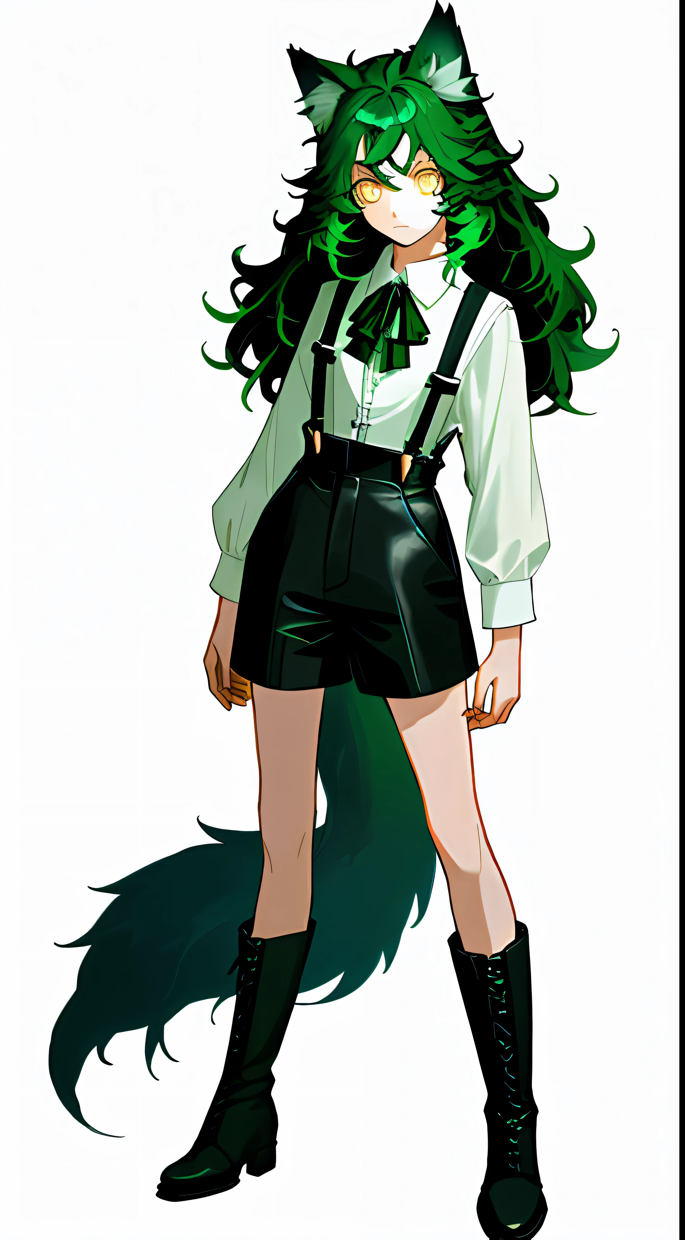 ((Masterpiece)),((Best Quality))),A Girl,(Simple Background.), White Background: 1.3), White Shirt, Black Suspenders, Black Leather Boots, Stand Straight, Full Body, Divinity, Light Green Hair, Mullet Head, Yellow Eyes, Wolf Ears, Expressionless, Depicted Eyes, Delicate Facial Features, Anatomically Correct, Pick Dye