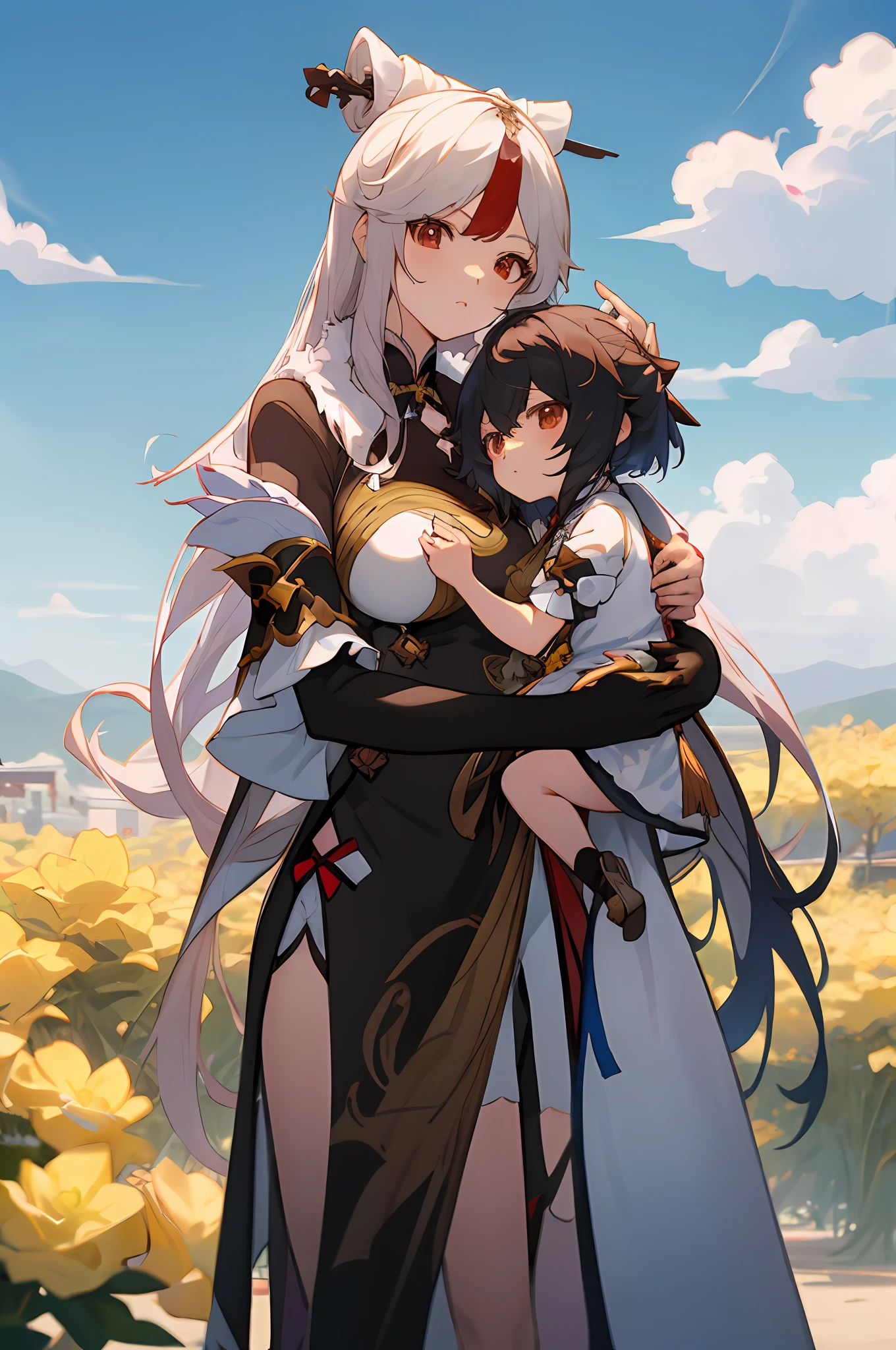 anime image of two women dressed in traditional china clothing in money, Cheongsam, palace a girl in hanfu, frown, wlop and sakimichan, long hair, white haired deity, characters from azur lane, anime fantasy illustration, from the azur lane videogame, genshin, artwork in the style of guweiz, cultivator detailed art, two beautiful anime girls, mother and child, symbol of maternal love, mother and child, such as photos of mother and child