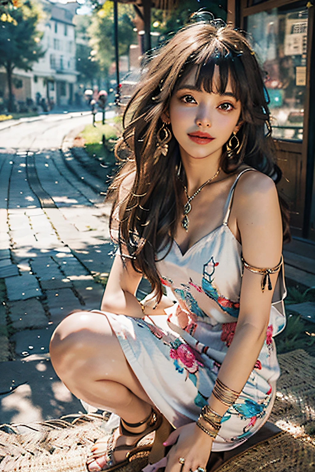 masterpiece, best quality, 1girl,long_hair,light smile, blunt bangs,looking at viewer,selfies,cowboy shot,(shot_hair:2),(Boho_printed_dress:1.5),(Straw_wedge_sandals:1.4),(Beaded_bracelets:1.3),
(realistic:1.5), cinemagraph,