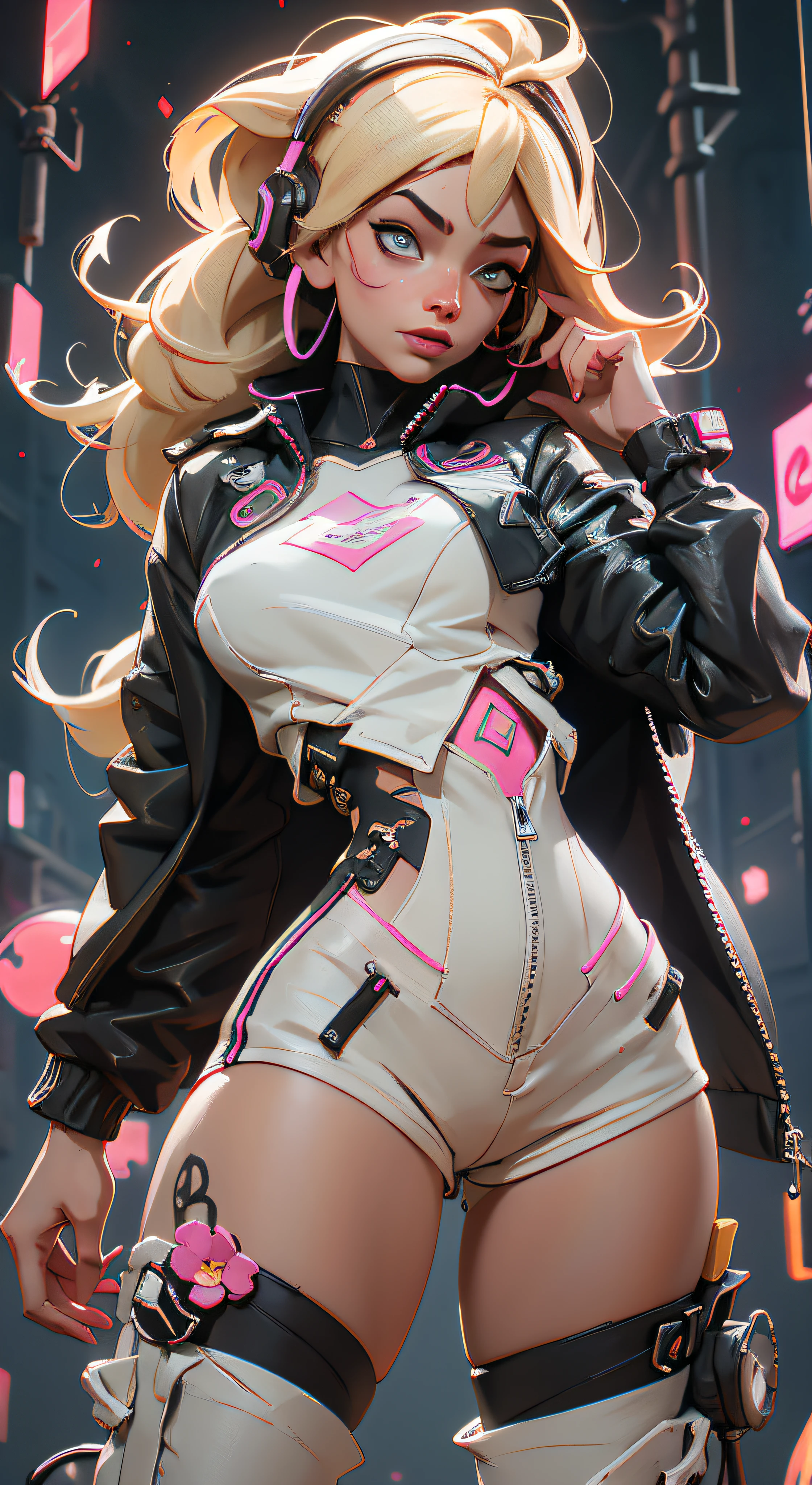 blond haired woman in a black leather jacket and white shorts, ross tran 8 k, digital cyberpunk anime art, wojtek fus, female cyberpunk anime girl, artwork in the style of guweiz, cyberpunk anime girl, ross tran style, trending on cgstation, by Russell Dongjun Lu, 3 d render character art 8 k, cyberpunk 2 0 y. o model girl