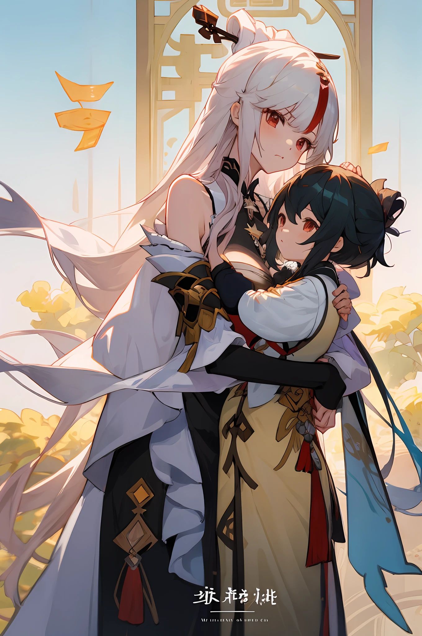 anime image of two women dressed in traditional china clothing in money, Cheongsam, palace a girl in hanfu, frown, wlop and sakimichan, long hair, white haired deity, characters from azur lane, anime fantasy illustration, from the azur lane videogame, genshin, artwork in the style of guweiz, cultivator detailed art, two beautiful anime girls, mother and child, symbol of maternal love, mother and child, such as photos of mother and child