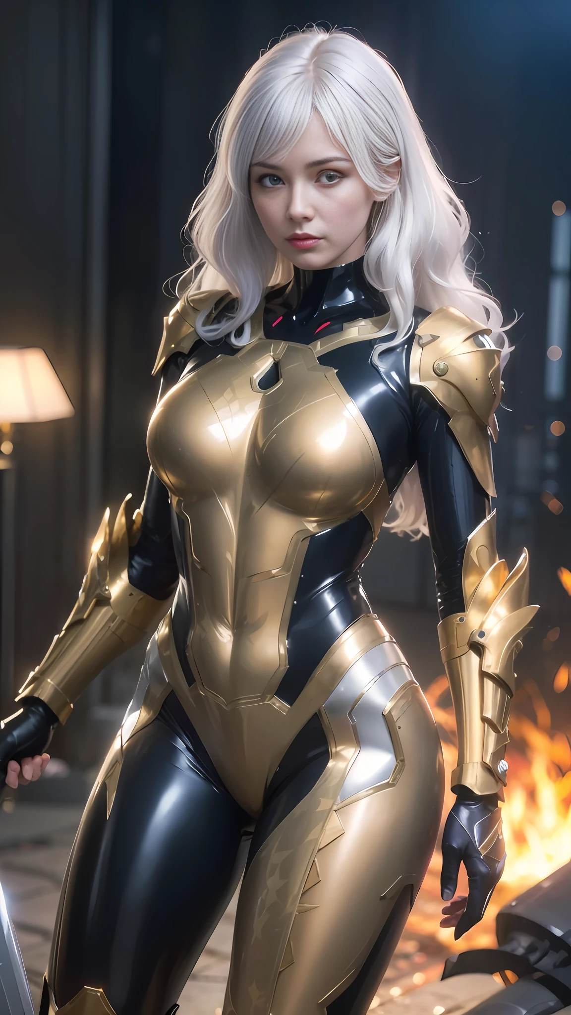 a close up of a woman in a gold and black suit, light gold armor, armor girl, sleek gold armor, stunning armor, wearing witchblade armor, gold armour suit, cyber japan armor, girl in mecha cyber armor, golden armor, cybersuit, black and golden armor, angelic golden armor, gold and silver armour suit, cyber suit, gold obsidian armor