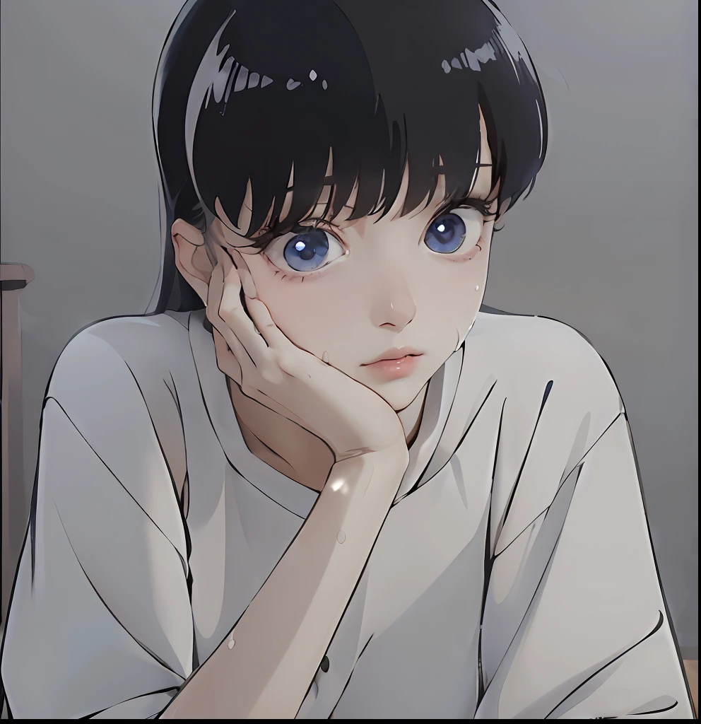 1girl, solo, white masterpiece, best quality, realistic, ultra-detailed, (shiny skin, sweating:1.4), ridiculous, looking at the audience, brown eyes, slender, dynamic light and shadow, high resolution, sharp focus, depth of field, fine eyes, sharp pupils, close-up of a man in a white shirt and blue eyes, inspired by Rei Kamoi, tumblr, Shin hanga, close-up Iwakura Lane, Iwakura Ryan, Rumiko, Hinata Hinata, Misato Katsuragi and Iwakura Ryan close-up, Rei Hino squats as a princess and anime girl
