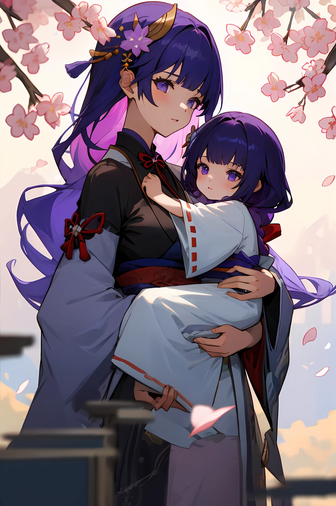 anime image of two women dressed in traditional japanese clothing in Cherry blossoms, palace  a girl in hanfu, wlop and sakimichan, long hair, purple haired deity, characters from azur lane, anime fantasy illustration, from the azur lane videogame, genshin, artwork in the style of guweiz, onmyoji detailed art, two beautiful anime girls, mother and child, symbol of maternal love, mother and child, such as photos of mother and child