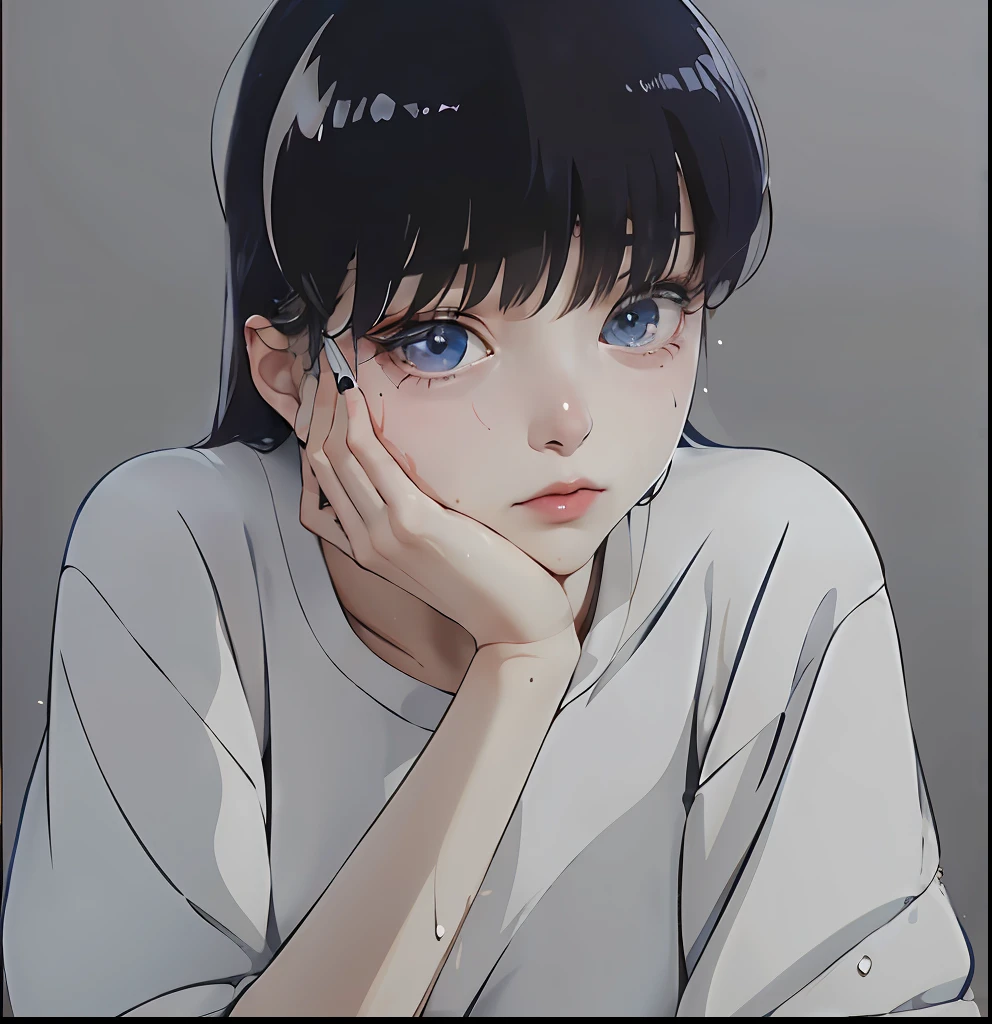 1girl, solo, white masterpiece, best quality, realistic, ultra-detailed, (shiny skin, sweating:1.4), ridiculous, looking at the audience, brown eyes, slender, dynamic light and shadow, high resolution, sharp focus, depth of field, fine eyes, sharp pupils, close-up of a man in a white shirt and blue eyes, inspired by Rei Kamoi, tumblr, Shin hanga, close-up Iwakura Lane, Iwakura Ryan, Rumiko, Hinata Hinata, Misato Katsuragi and Iwakura Ryan close-up, Rei Hino squats as a princess and anime girl