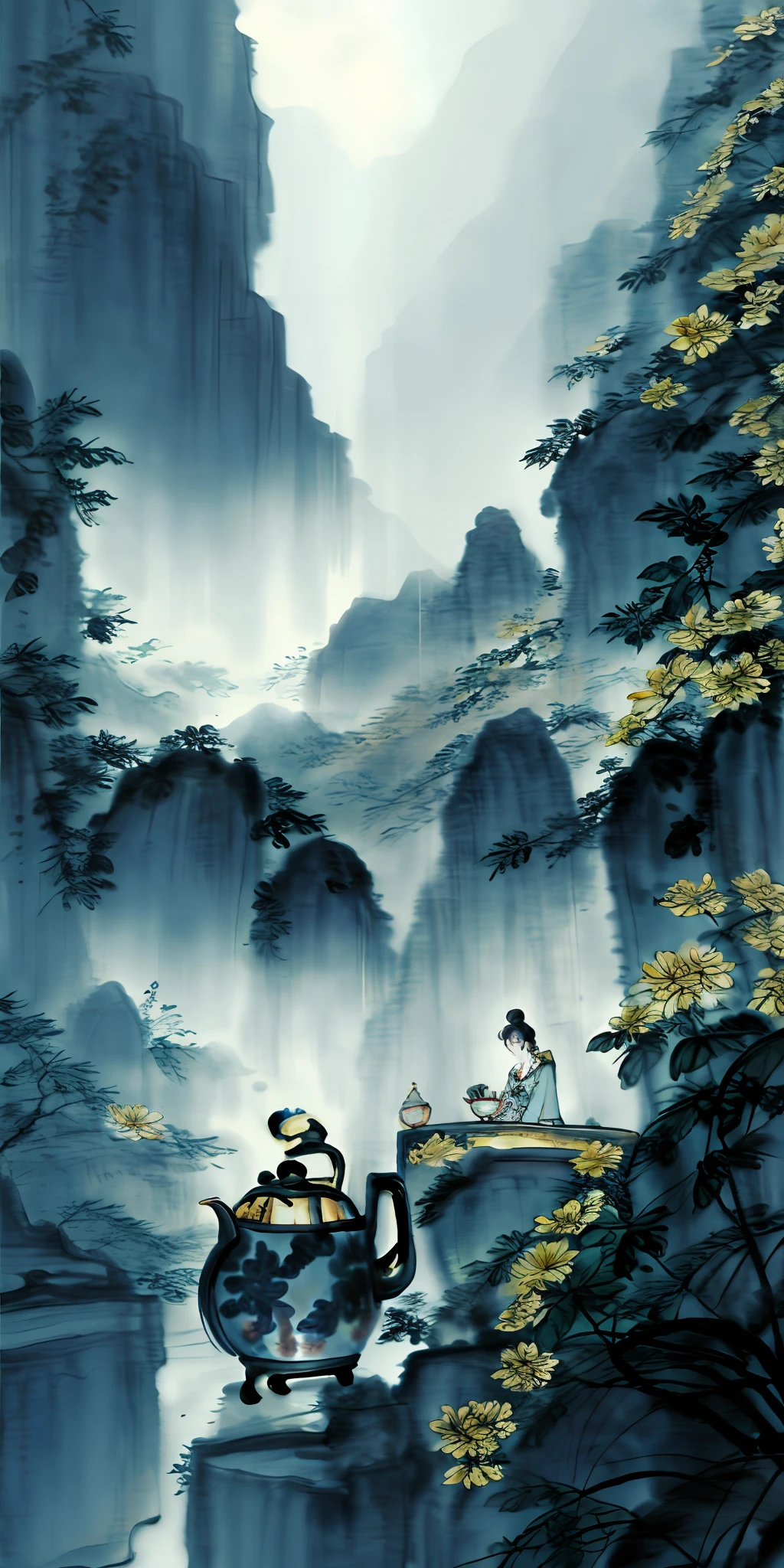 The teapot is huge, there are tea mountain illustrations in the air, Chinese national cultures intersect, light cyan and golden teapots, teapots and teacups floating in the air and blending with national culture