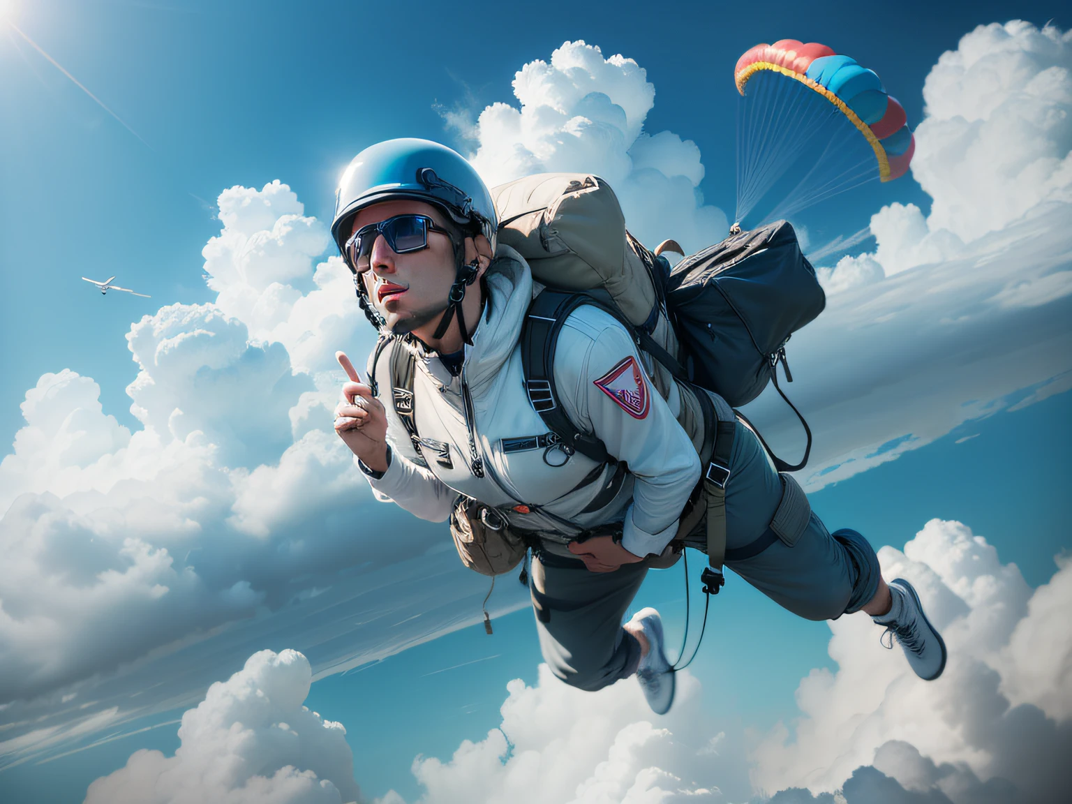A pilot, parachuting, with blue sky and white clouds in the background