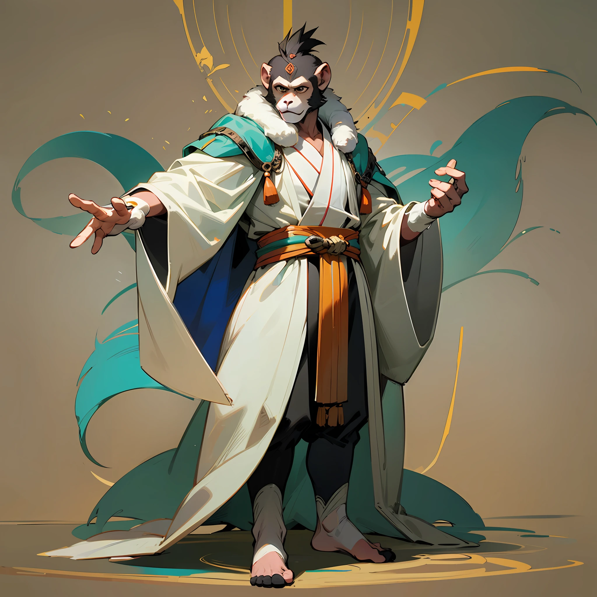 Q version cartoon 2 head-to-body ratio, anthropomorphic monkey male, animal image design, monkey image wearing white ancient robe clothes, very handsome and tall, holding a fan made of goose feathers in his hand, Zhuge Liang image, Q version cartoon monster standing painting, standing obliquely, side view, standing sideways, full body portrait, cool shape,
