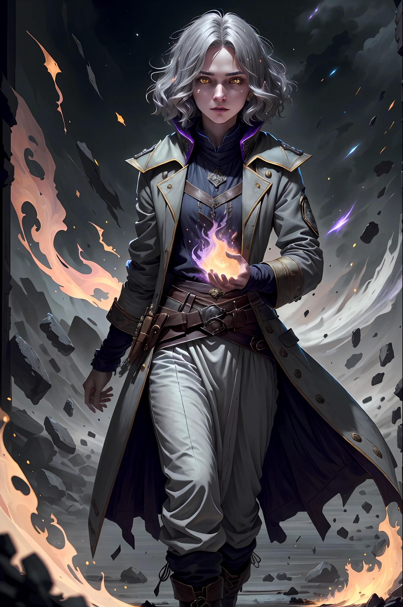 A demonic sorceress casting a fire spell,  (1girl, looking at viewer:1.4),(elf ears, young, cute face, looking away, skinny, thin:1.2), straight hair, messy hair, (windy hair:1.3), kingsglaive garb, (white with red accents coat, victorian coat, assasin coat, military coat, pants, boots), adventurer clothes,glowing eyes, (grey hair:1.3), (bob cut:1.2), (yellow eyes), beautiful, highly detailed, hyperrealistic, cinematic lighting, dark, space background, soft cinematic lighting, (backlighting:1.2), (bloom:1.2), (light sparkles:1.1), (chromatic aberration:1.2), sharp focus, high contrast