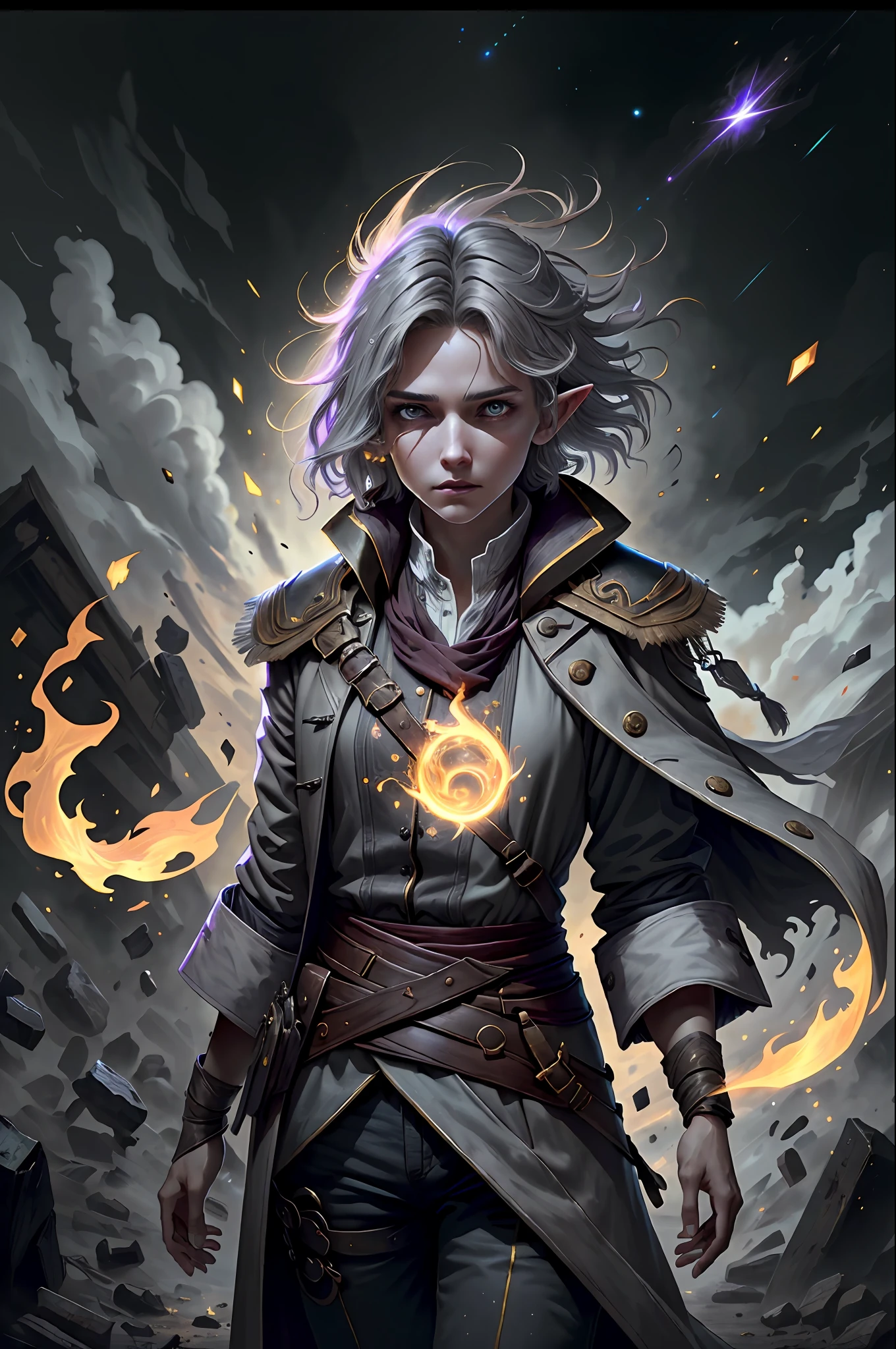 A demonic sorceress casting a fire spell, (1girl, looking at viewer:1.4),(elf ears, young, cute face, looking away, skinny, thin:1.2), straight hair, messy hair, (windy hair:1.3), kingsglaive garb, (white with red accents coat, victorian coat, assasin coat, military coat, pants, boots), adventurer clothes,glowing eyes, (grey hair:1.3), (bob cut:1.2), (yellow eyes), beautiful, highly detailed, hyperrealistic, cinematic lighting, dark, space background, soft cinematic lighting, (backlighting:1.2), (bloom:1.2), (light sparkles:1.1), (chromatic aberration:1.2), sharp focus, high contrast