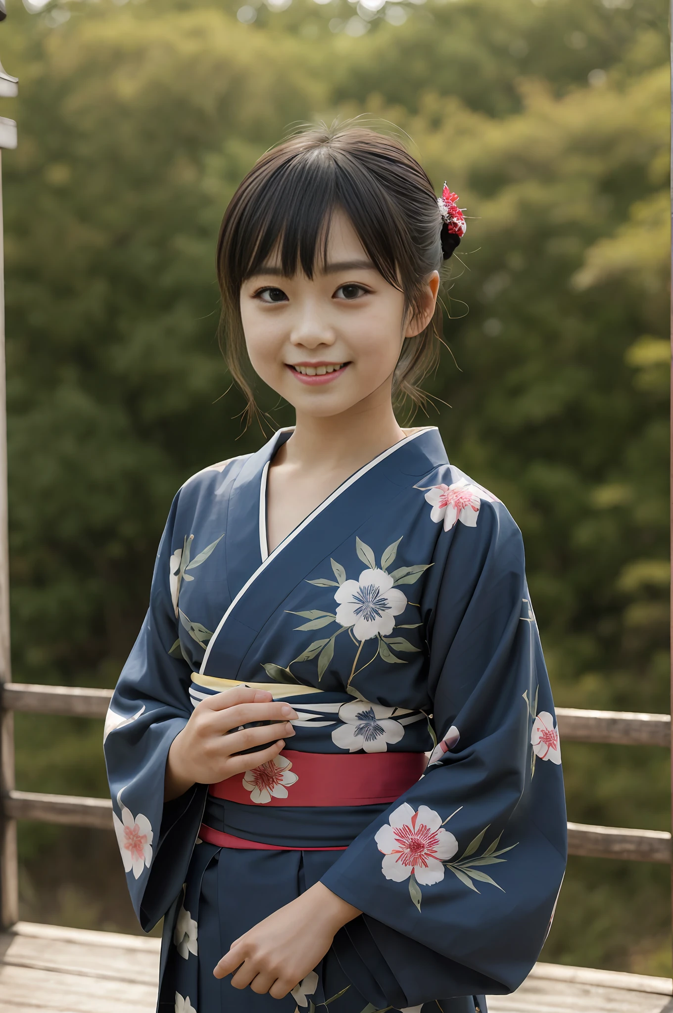 ((Top Quality, 8K, Masterpiece: 1.3)), Sharp Focus: 1.2, (Slender Abs: 1.0), (Shiny Skin: 1.0), Realistic Photos, Black Hair, Realistic Pupils, Bright Lighting, High Definition Eyes and Face, (Full Body: 1.3), (Yukata, Hakama, Obi: 1.4), (Japan e Actress), (Round Face: 1.4), Bangs, In Nature, Traditional Kimono, Smile, Watch the audience, From the front,