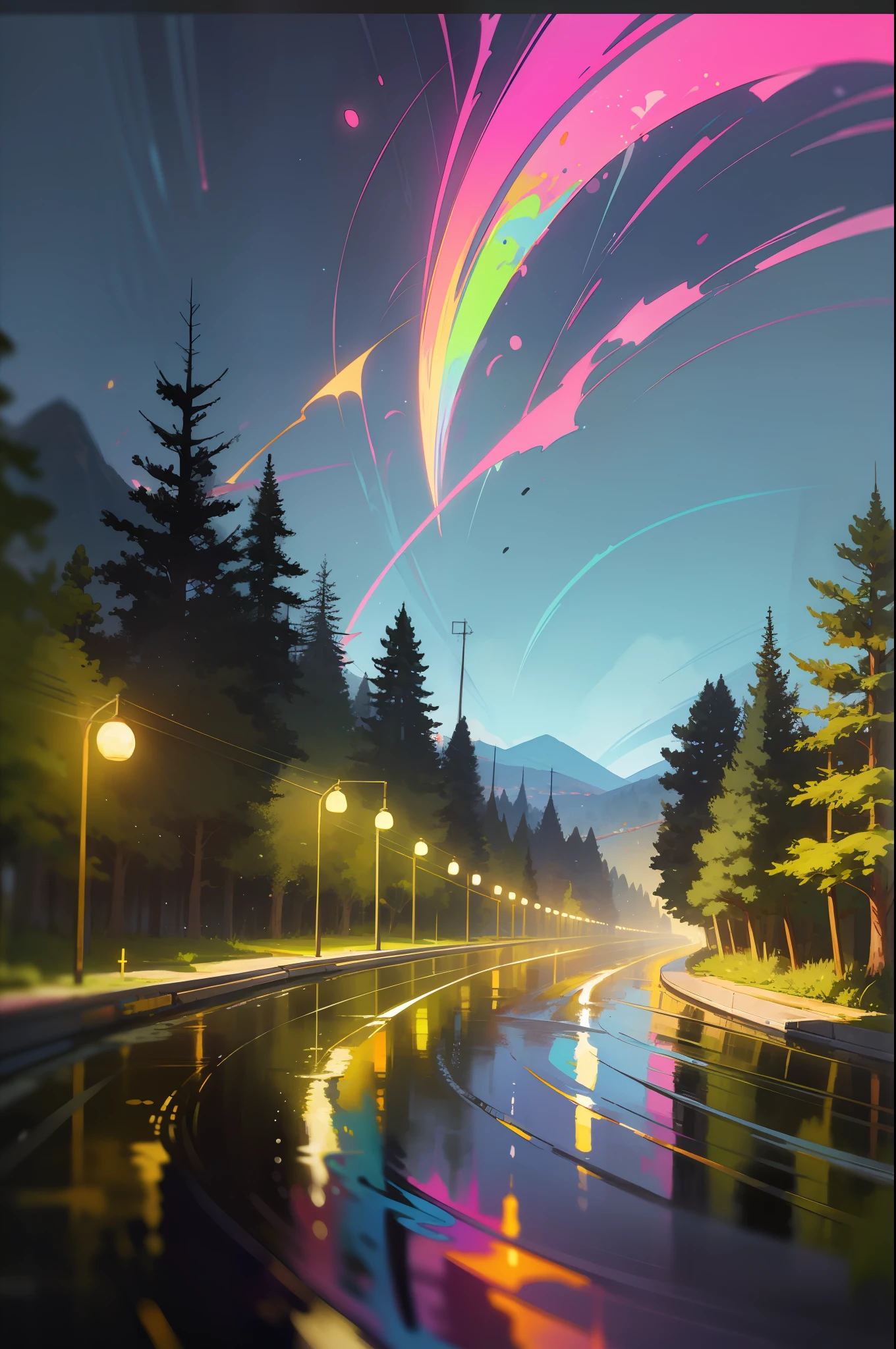 Masterpeace, BestQuality, Car, Forest, Mountains, Wet Road, Auto, Auto, Bright Colors, Volumetric Lighting, Best Shadows, Shallow Depth of Field, (High Quality, Stunning Details: 1.25), Brilliant Colorful Paintings, Whimsical, Magical, Flicker, Highlights, Neon Garland, Details, 8k