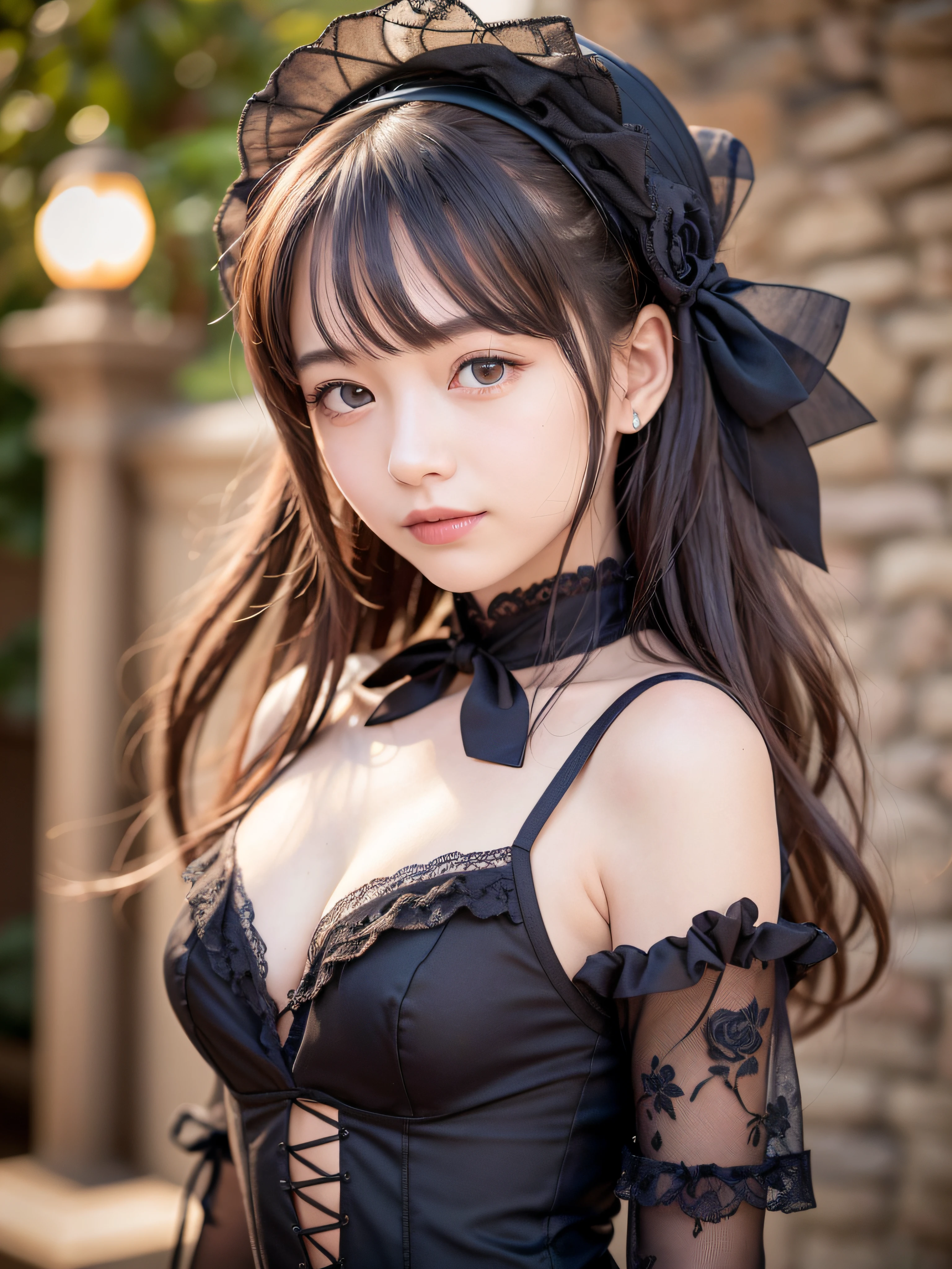 (realistic, photo-realistic:1.37), incredibly absurdres, (insanely detailed:1.3), 8k, (masterpiece), (best quality:1.4), (ultra high res:1.2), (RAW photo:1.2), ultra detailed background, (unity 8k wallpaper), 1 nogizaka girl, utterly cute, bishojo, , (gothic loliashion), an exquisitely detailed and beautiful face and eyes and skin, detailed black shine hair, small-medium breasts, cleavage, open chest, elegant frills, frilled tie, ribbon tie, hydrangea hair accessory, a dress with delicate lace, soft fabric, and a beautiful rose pattern, smile at the camera, cowboy shot, castles scenery in europe, professional lighting
