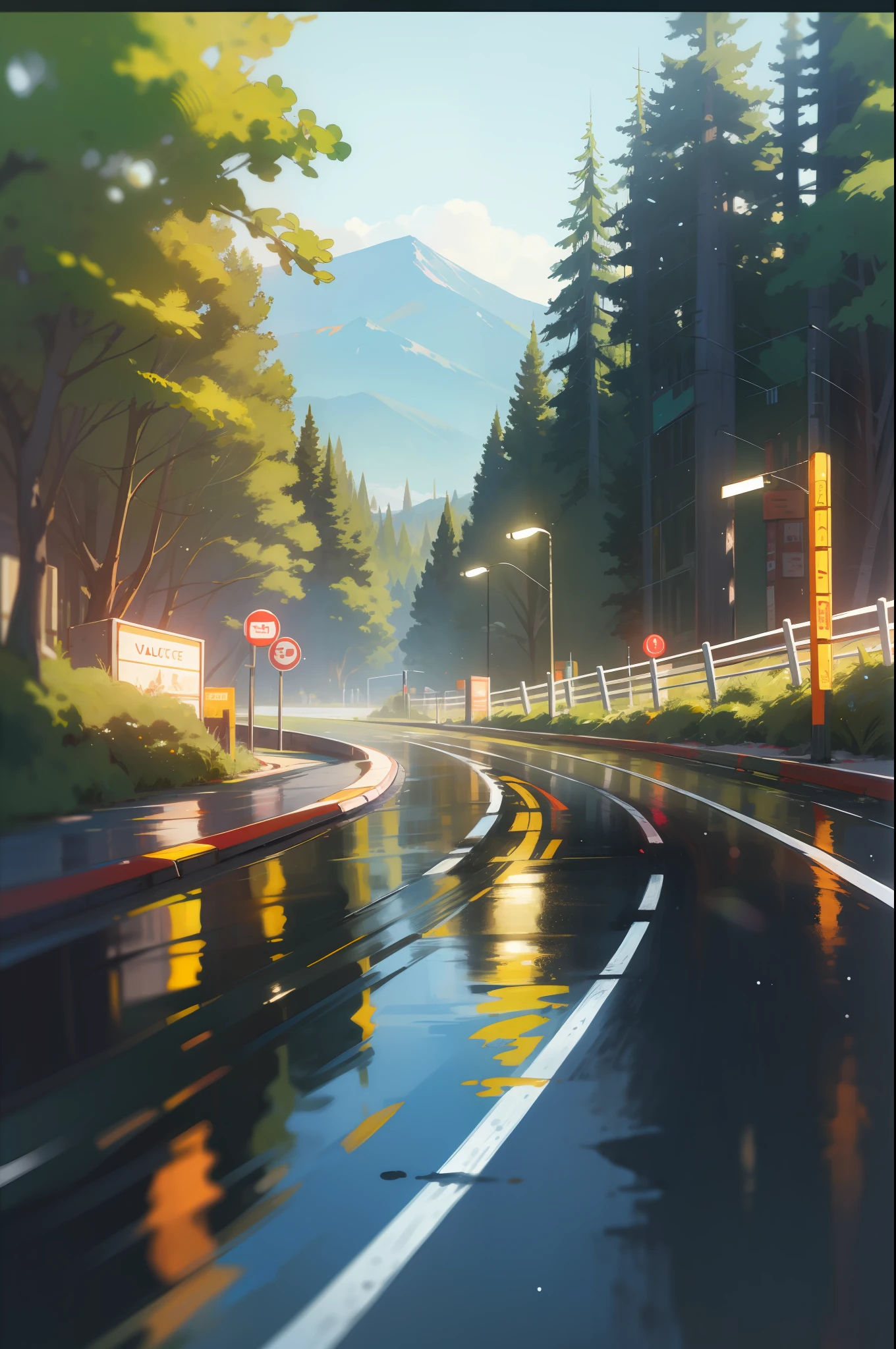 Masterpeace, BestQuality, Car, Forest, Mountains, Wet Road, Auto, Auto, Bright Colors, Volumetric Lighting, Best Shadows, Shallow Depth of Field, (High Quality, Stunning Details: 1.25), Brilliant Colorful Paintings, Whimsical, Magical, Flicker, Highlights, Neon Garland, Details, 8k