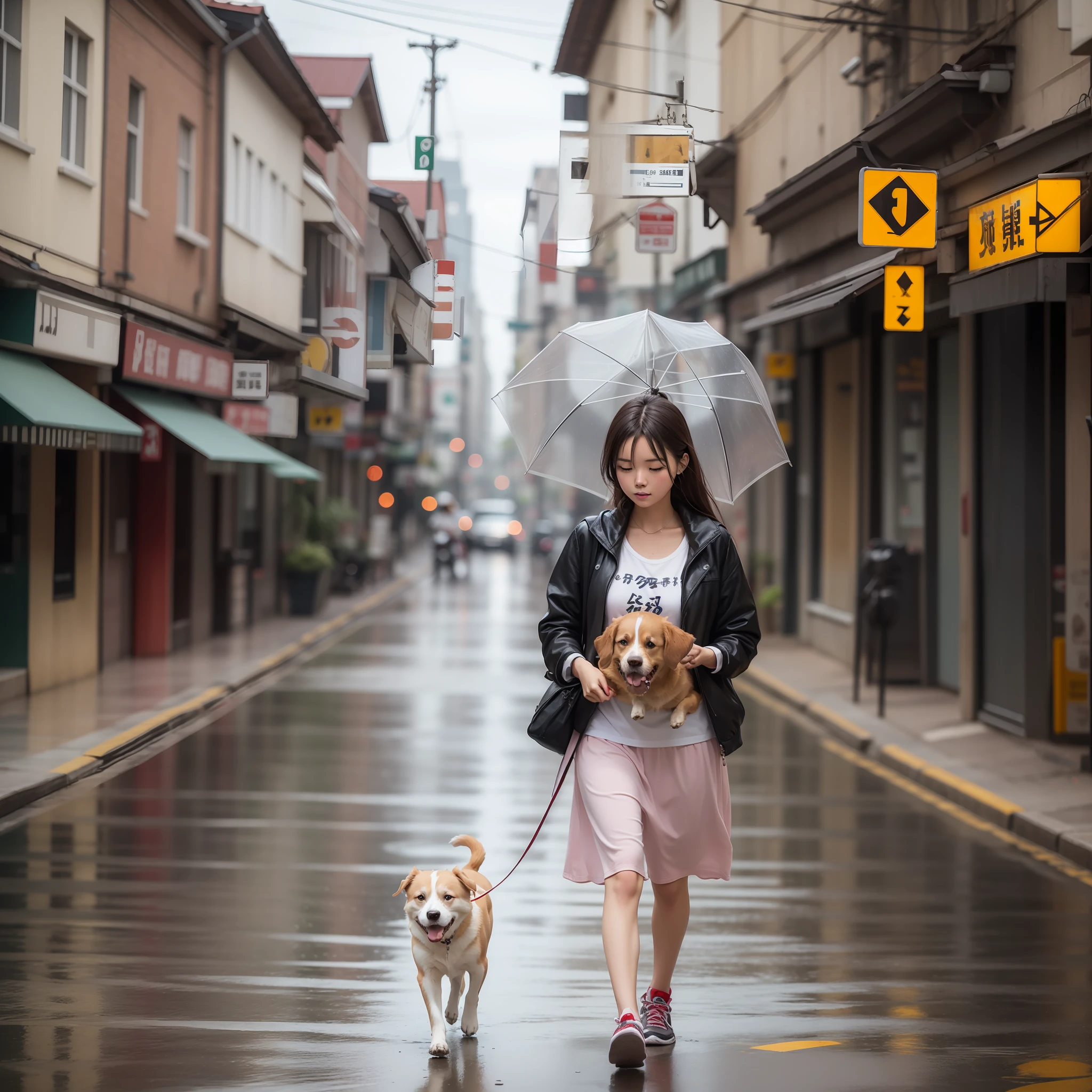 A girl passing a road with dog in rainy day