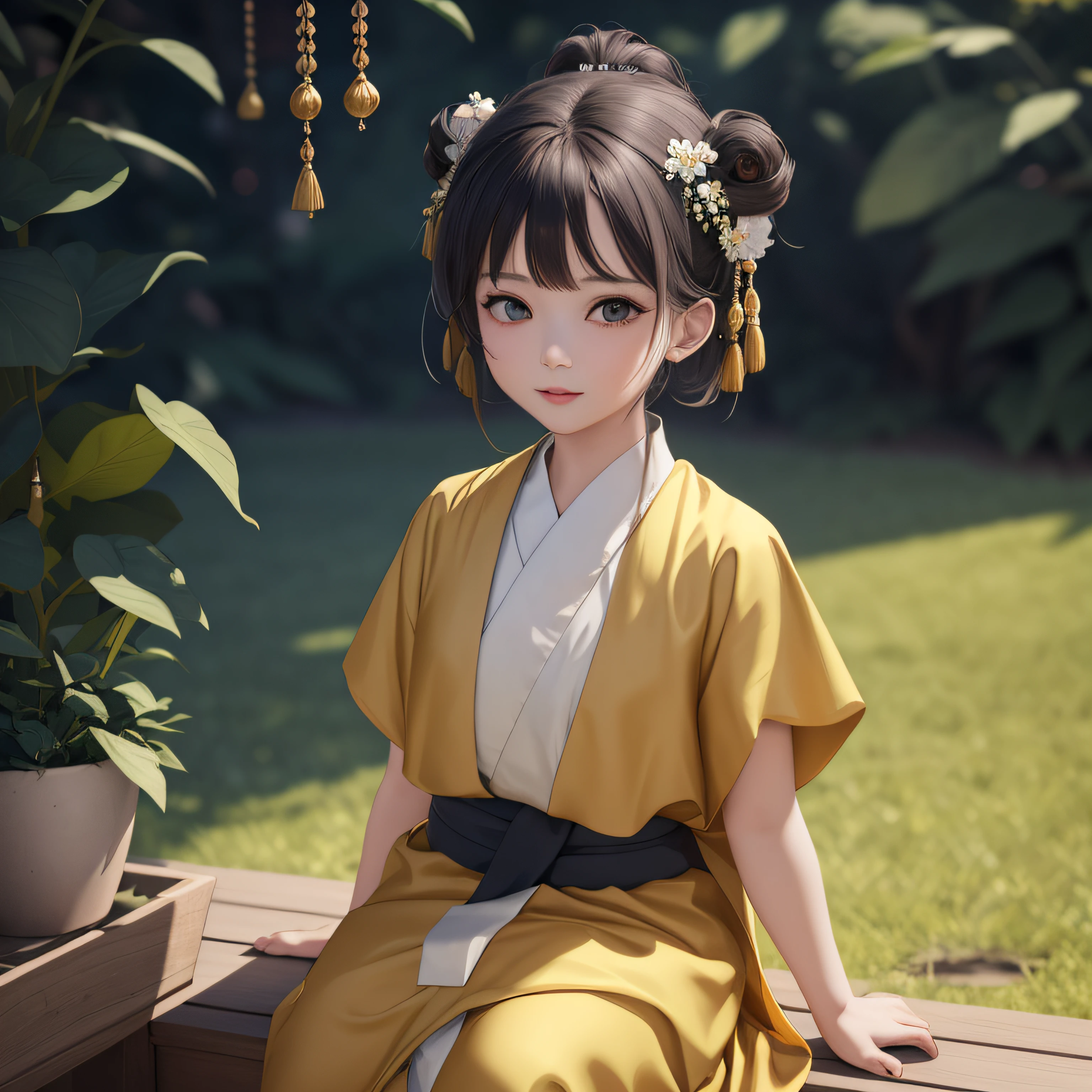 Anime girl in yellow dress sitting on wooden bench in garden, palace, girl in hanbok, art in guvez style, guwitz, young anime girl, realistic anime 3 d style, anime style. 8k, beautiful character painting, hanfu, anime style 4k, anime vision of cute girl, wearing ancient Chinese costume, hands folded