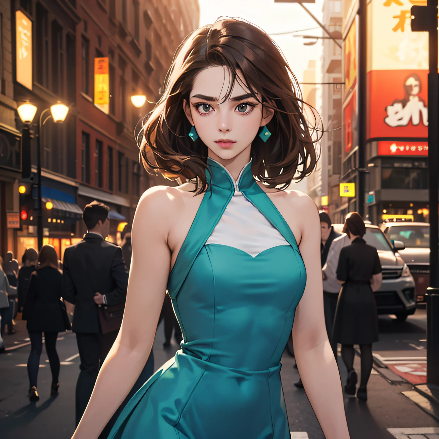 (Realistic lighting, Best quality, 8K, Masterpiece: 1.3)), Clear focus: 1.2, Perfect body beauty: 1.4, Slim abs: 1.1, ((dark brown hair)), (Aqua dress: 1.4), (1.1), (Background night city street), Super fine face, Fine eyes, Double eyelids, --auto