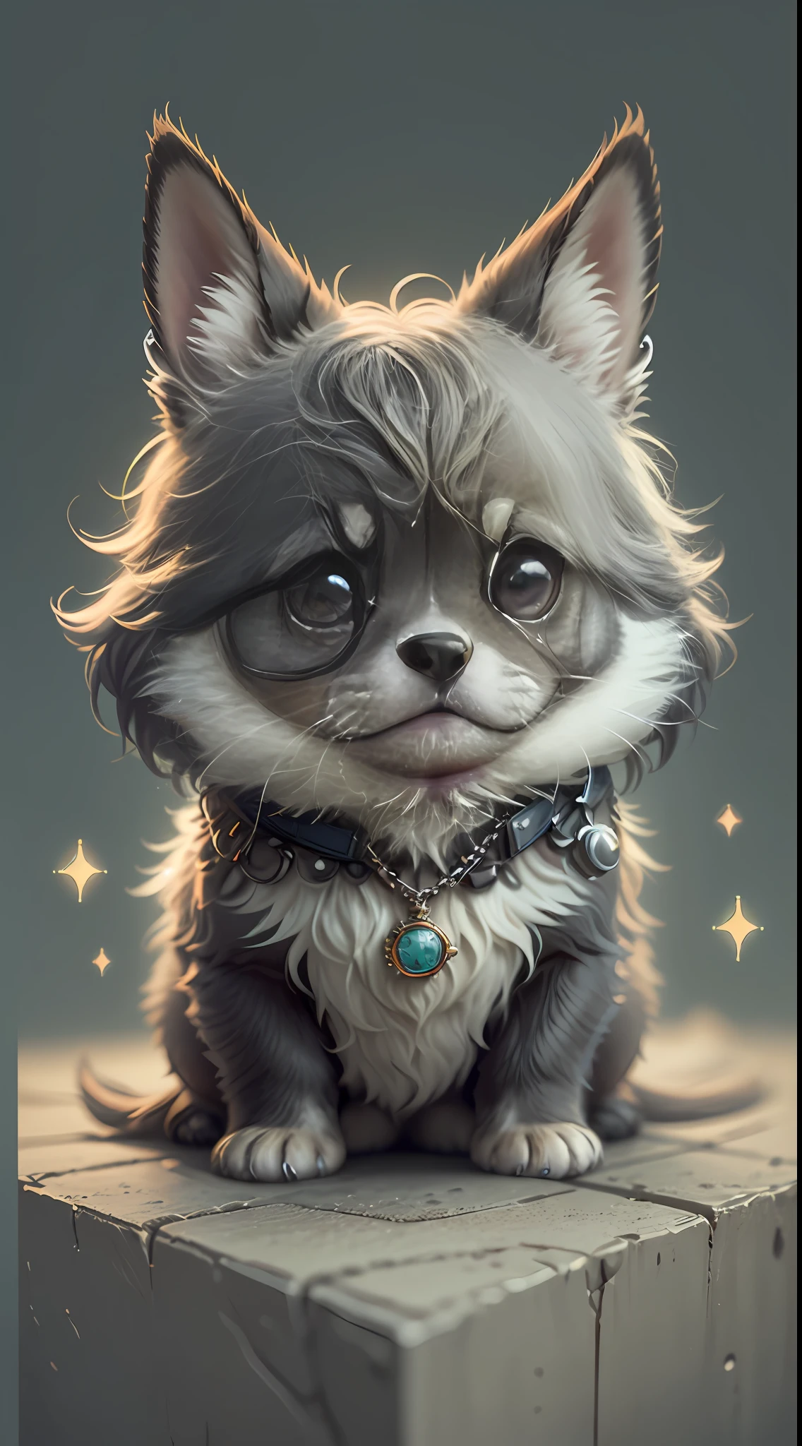 Cute super writing puppy, eyes of different colors, wearing a necklace, chibi, cute and fluffy, logo design, cartoon, movie lighting effects, charming, 3D vector art, cute quirky, fantasy art, background bokeh, hand drawn, digital painting, soft lighting, isometric style, 4K resolution, realistic rendering, highly detailed clean, vector images, realistic masterpieces, professional photography, simple space background, flat white background, isometric, vibrant vector
