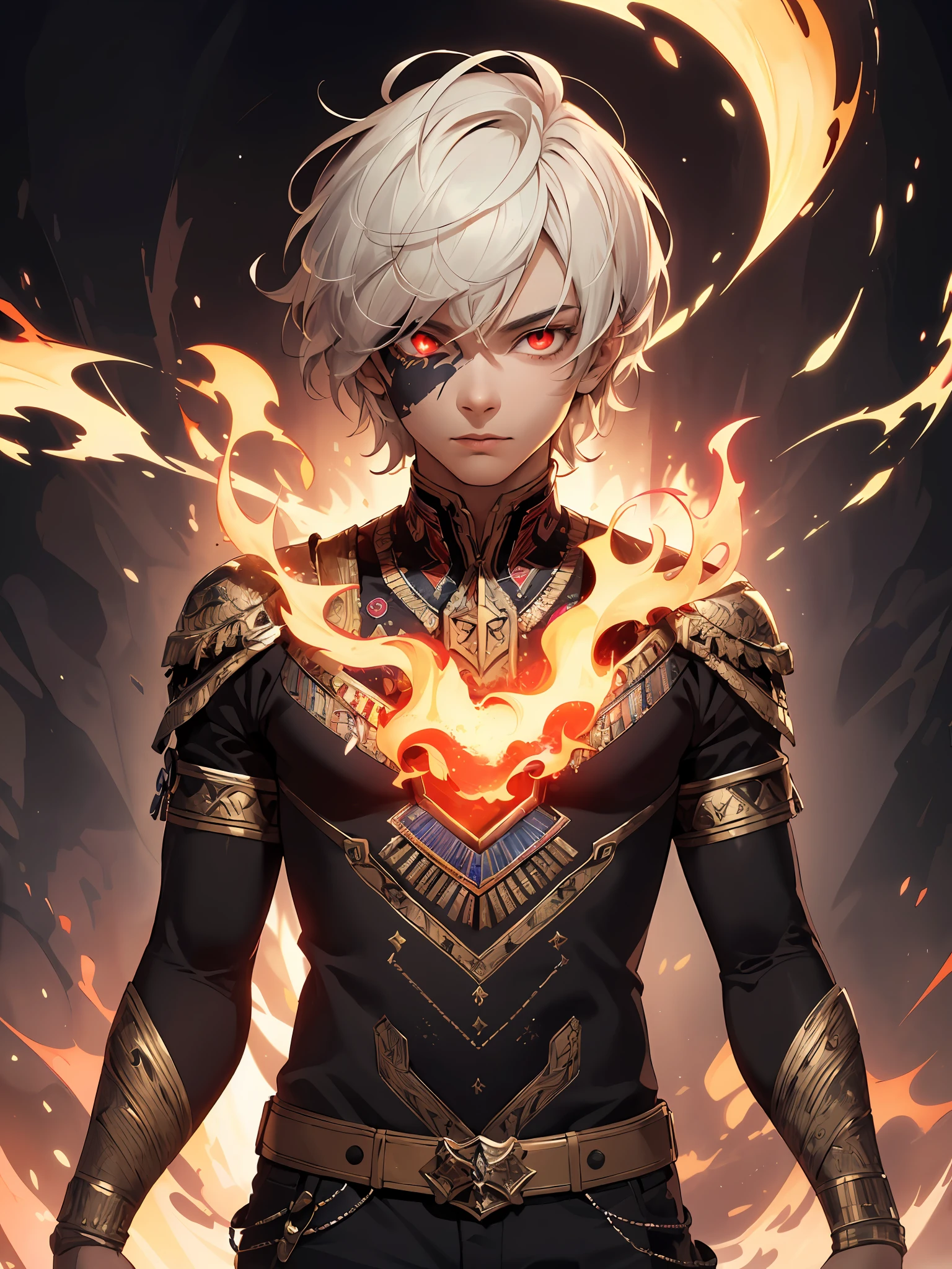 Realistic, (Masterpiece, Top Quality, Best Quality, Official Art, Beauty and Aesthetics: 1.2), Very Detailed, Fractal Art, Colorful, Most Detailed, Zentangle, (Abstract Background: 1.5) (1boy: 1.3), God, White Hair, Short Hair, (Glowing Red Eyes), Mysterious, (Magic), Fire, Handsome Man, Egyptian Style