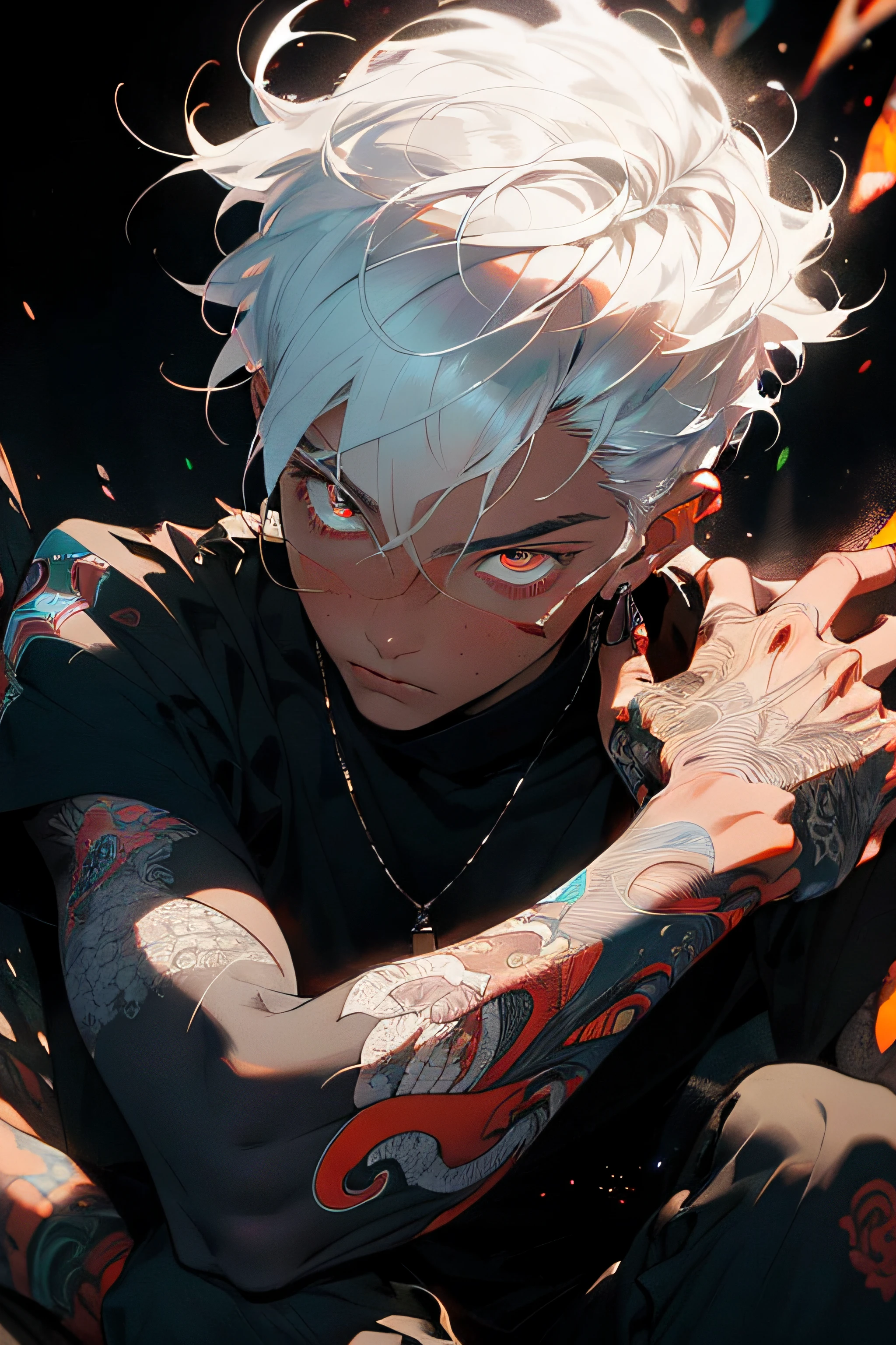 Realistic masterpiece, best quality, beautiful aesthetic, very detailed, fractal art, colorful, most detailed, zentangle, abstract background (1.5), 1 boy (1.3), god, white hair, short hair, glowing red eyes, mysterious, magical, ice, handsome man, asian style.