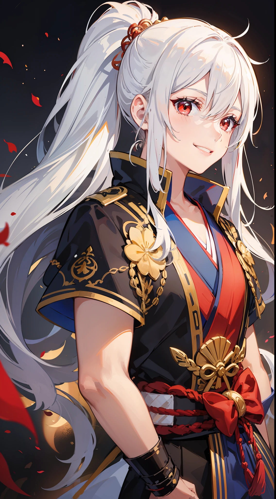 Young guy, long white hair, high ponytail, red eyes, blue sleeveless samurai kimono, smile, masterpiece, high quality