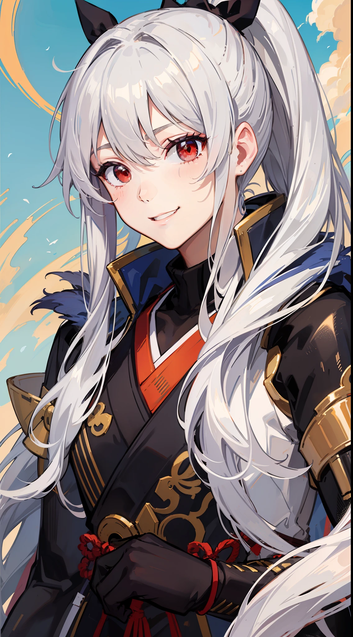 Young guy, long white hair, high ponytail, red eyes, blue sleeveless samurai kimono, smile, masterpiece, high quality