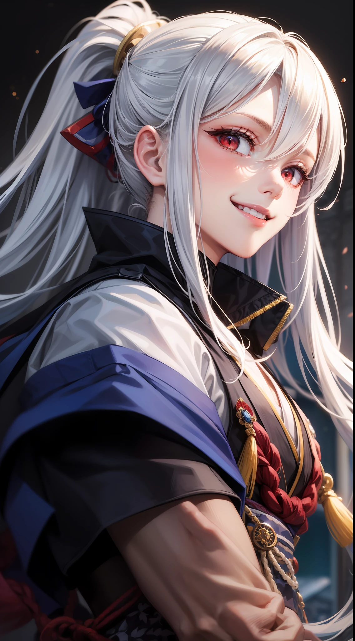 Young guy, long white hair, high ponytail, red eyes, blue sleeveless samurai kimono, smile, masterpiece, high quality