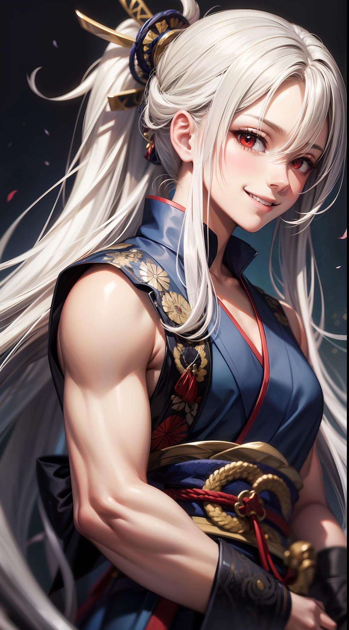 Young guy, long white hair, high ponytail, red eyes, blue sleeveless samurai kimono, smile, masterpiece, high quality
