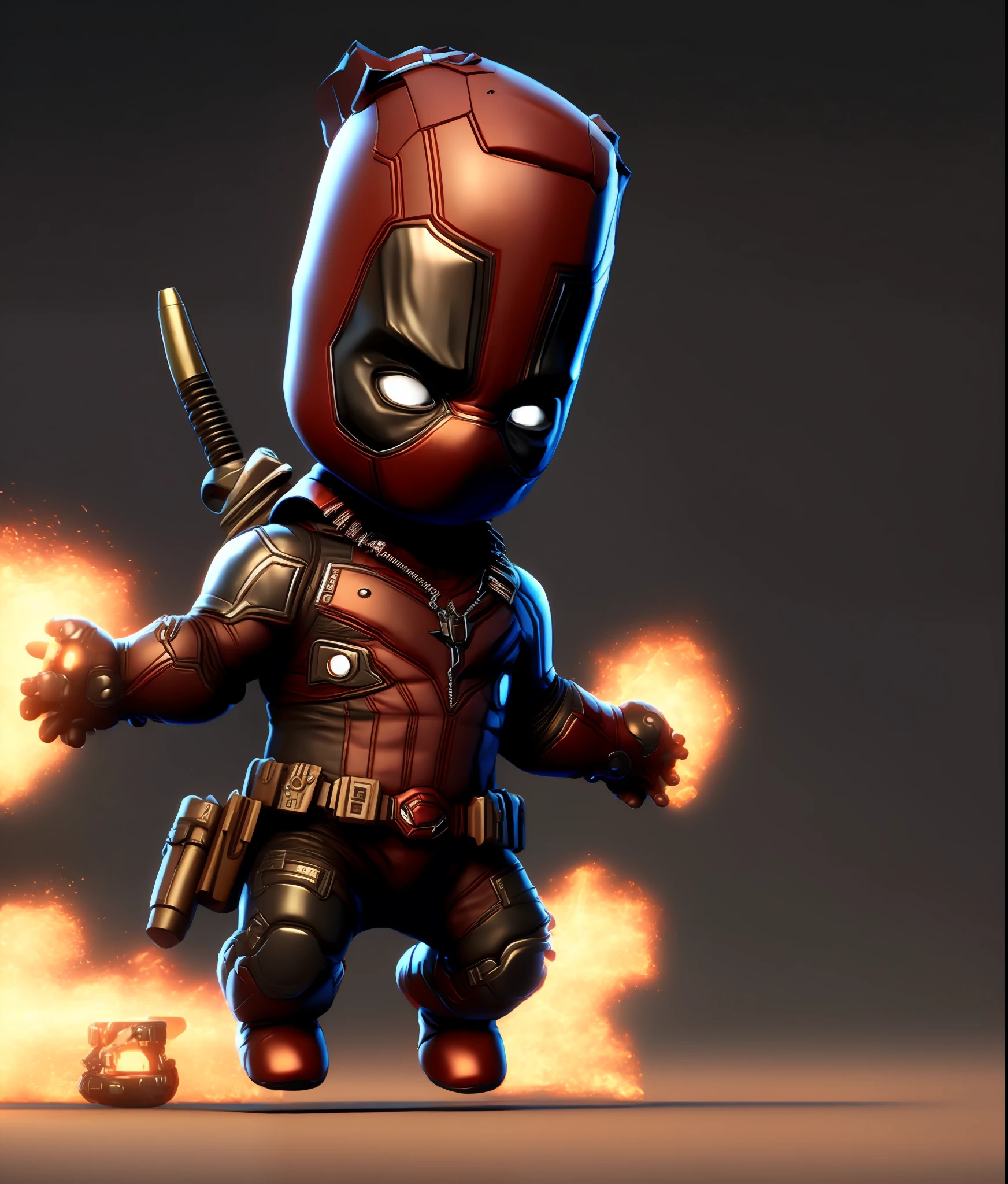 cinematic shot of realistic cute deadpool , surounded by fire, seamless, epic, cinematic, intricate detail, award winning, great lighting, shading, high quality, detailed