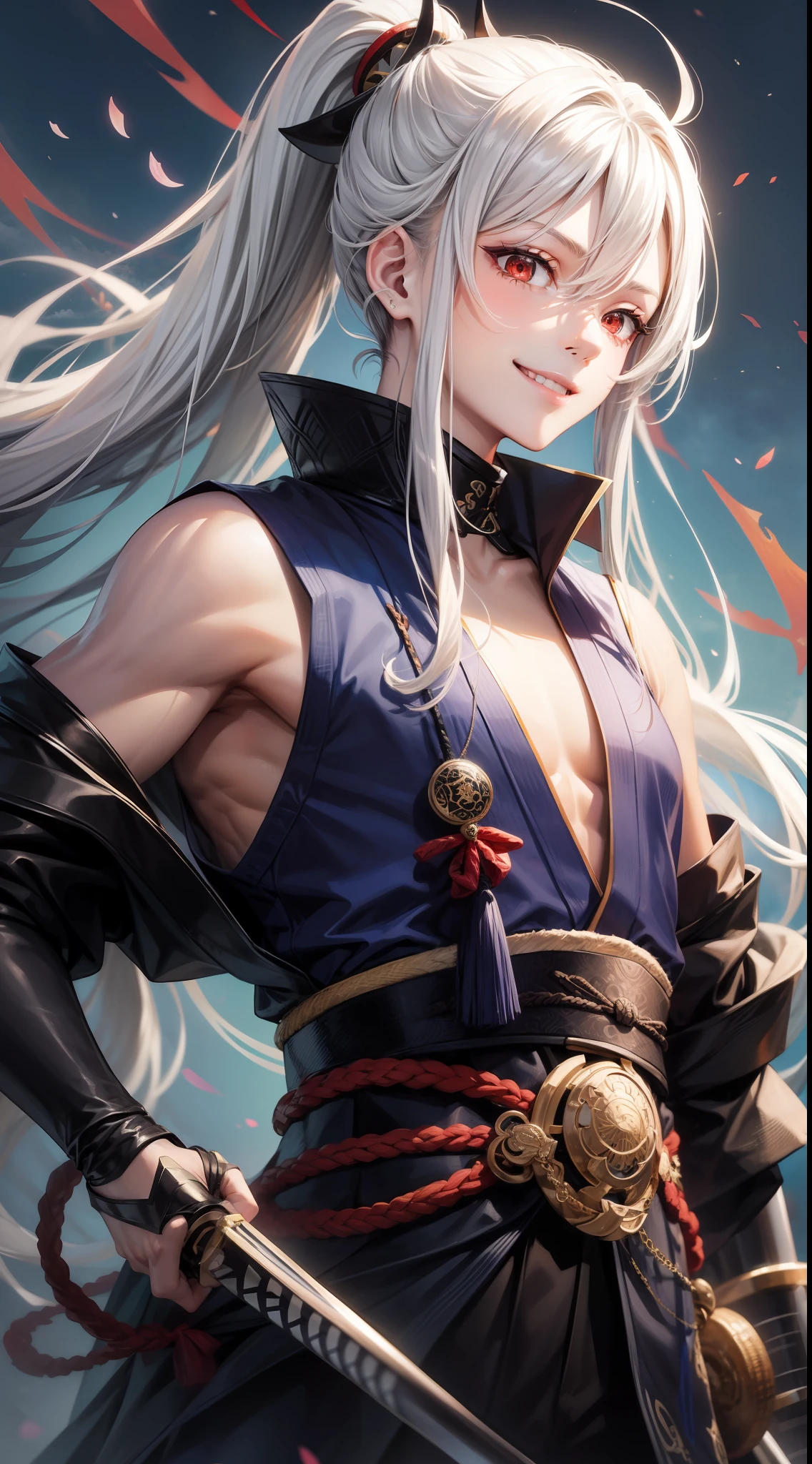 Young guy, long white hair, high ponytail, red eyes, blue sleeveless samurai kimono, smile, masterpiece, high quality