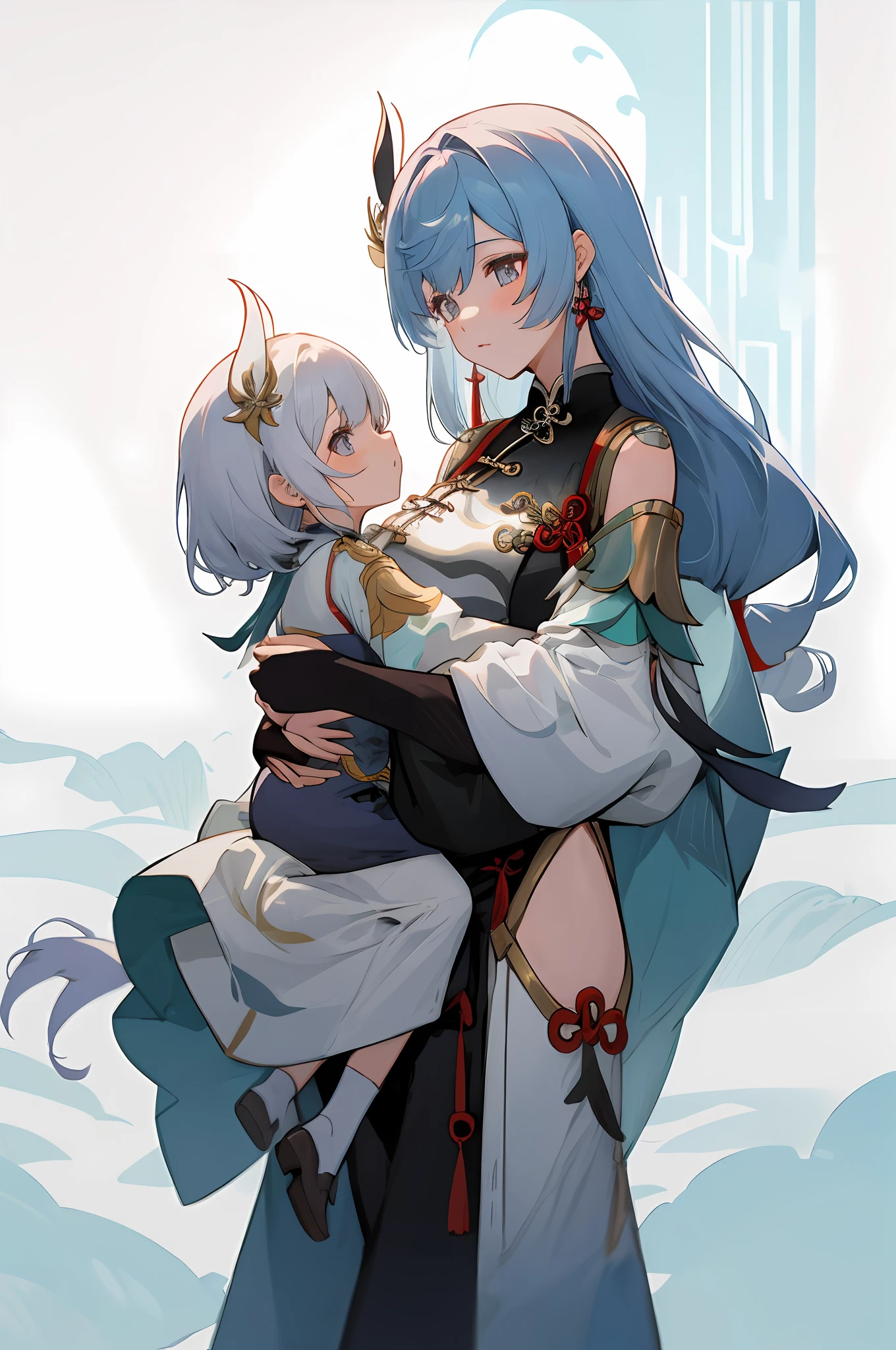 anime image of two women dressed in traditional china clothing in winter, Cheongsam, palace a girl in hanfu, wlop and sakimichan, long hair, white haired deity, characters from azur lane, anime fantasy illustration, from the azur lane videogame, genshin, artwork in the style of guweiz, cultivator detailed art, two beautiful anime girls, mother and child, symbol of maternal love, mother and child, such as photos of mother and child
